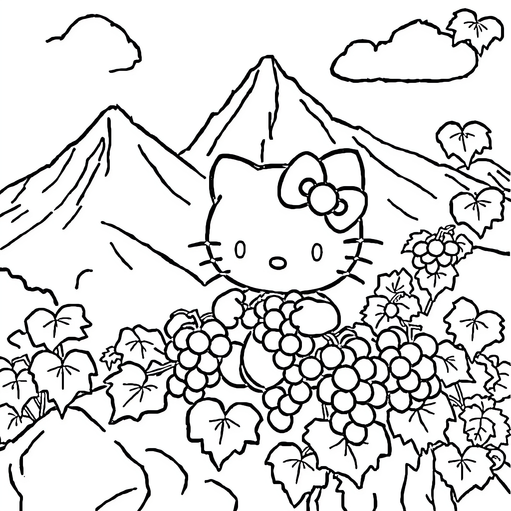 Hello Kitty enjoying nature's beauty Coloring Page (free black-and-white line drawing printable PDF for all, from beginners to advanced learners, including children, teens, adults, and seniors)
