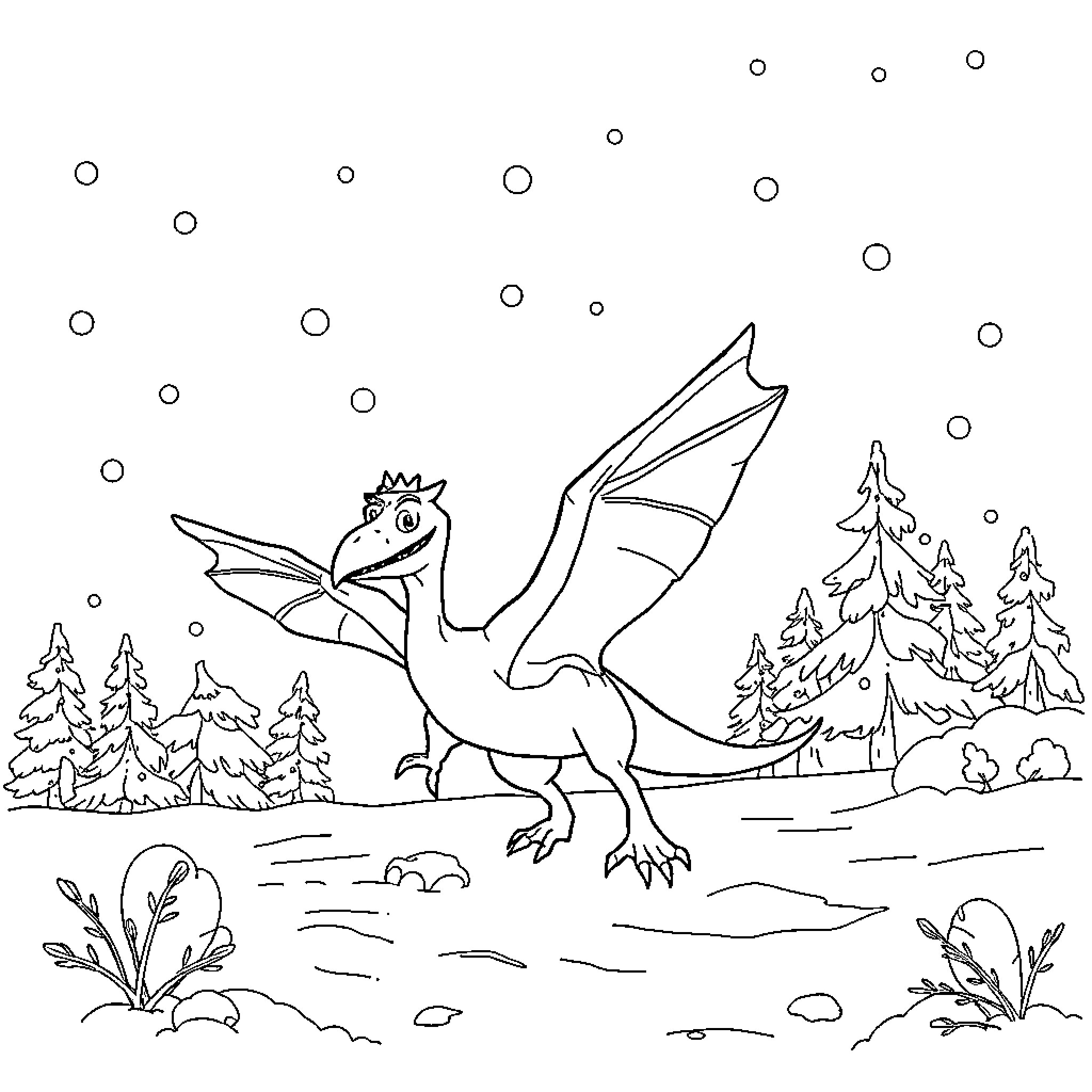 Pterodactyl soaring over snowy forest landscape Coloring Page (free black-and-white line drawing printable PDF for all, from beginners to advanced learners, including children, teens, adults, and seniors)