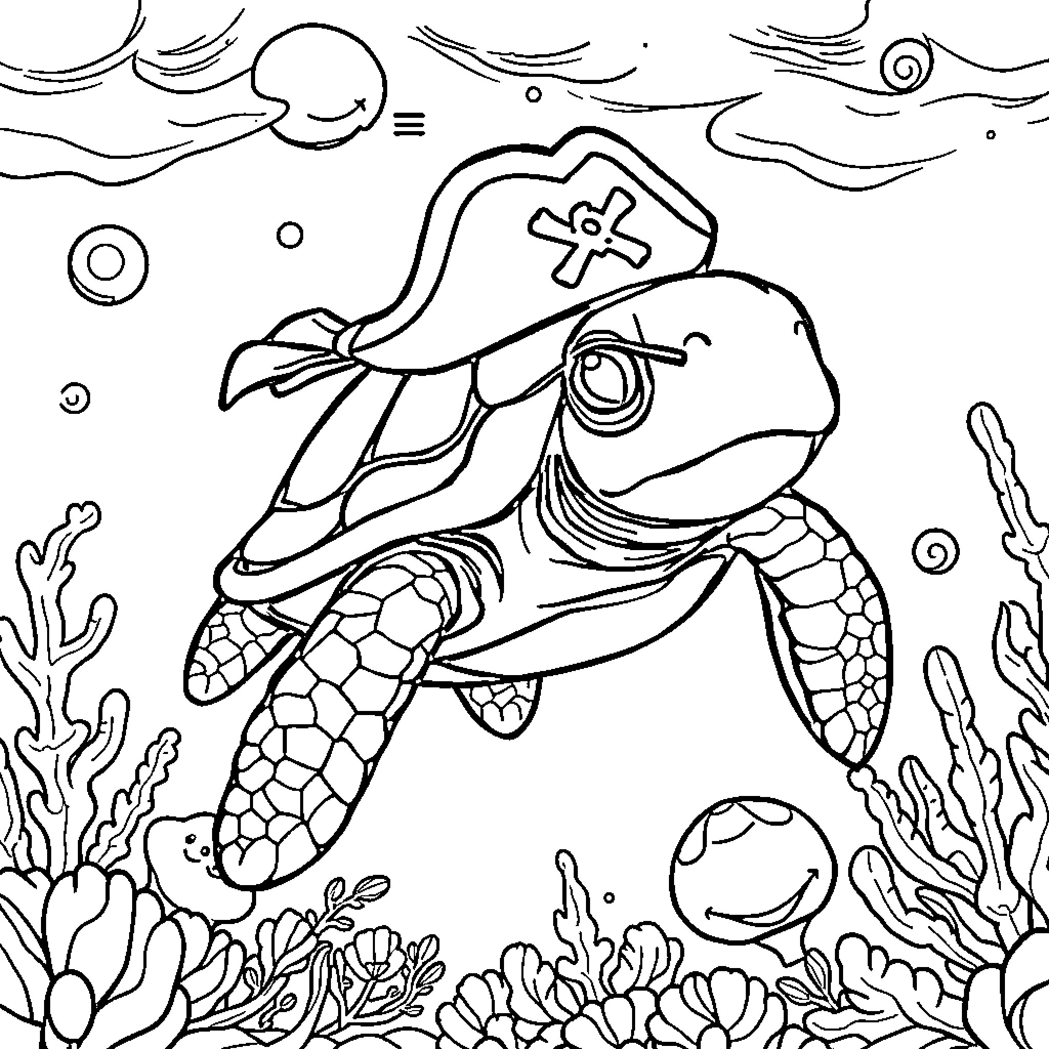Turtle pirate exploring underwater coral reef Coloring Page (free black-and-white line drawing printable PDF for all, from beginners to advanced learners, including children, teens, adults, and seniors)