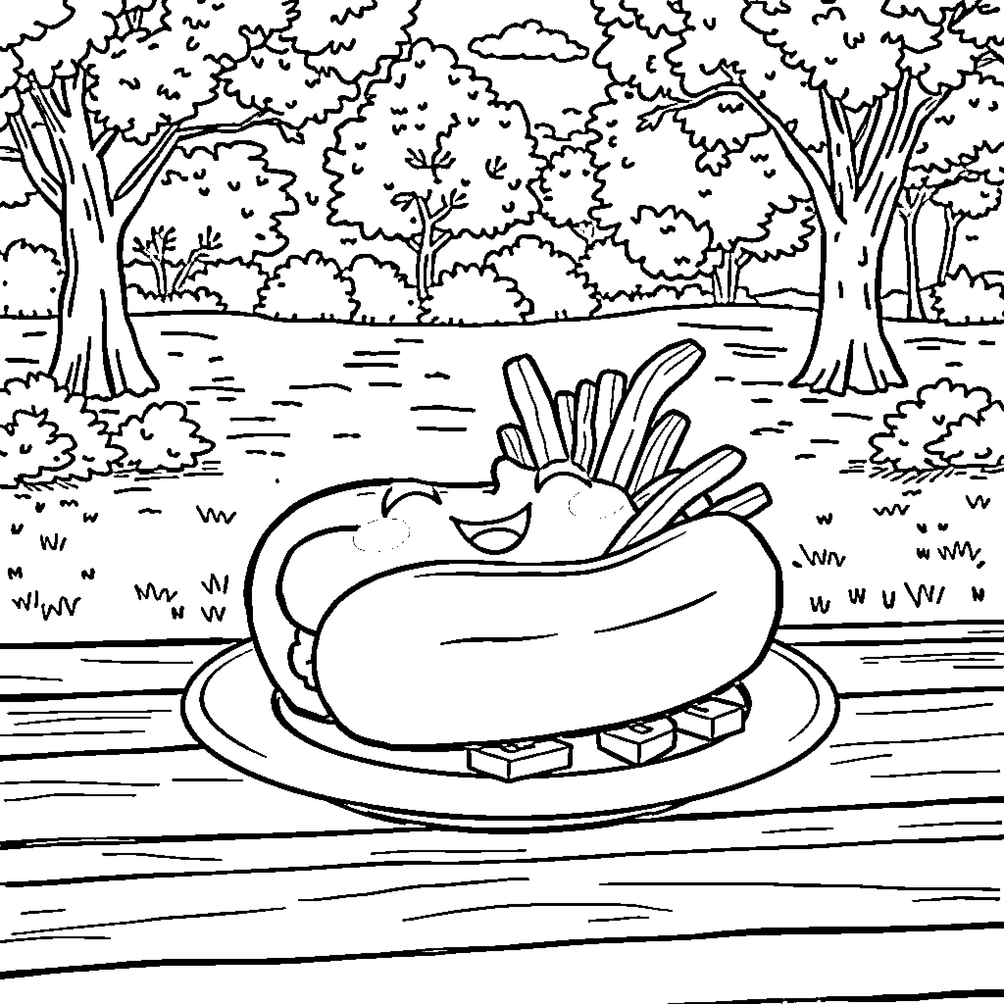 Hotdog lounging in the wilderness Coloring Page (free black-and-white line drawing printable PDF for all, from beginners to advanced learners, including children, teens, adults, and seniors)