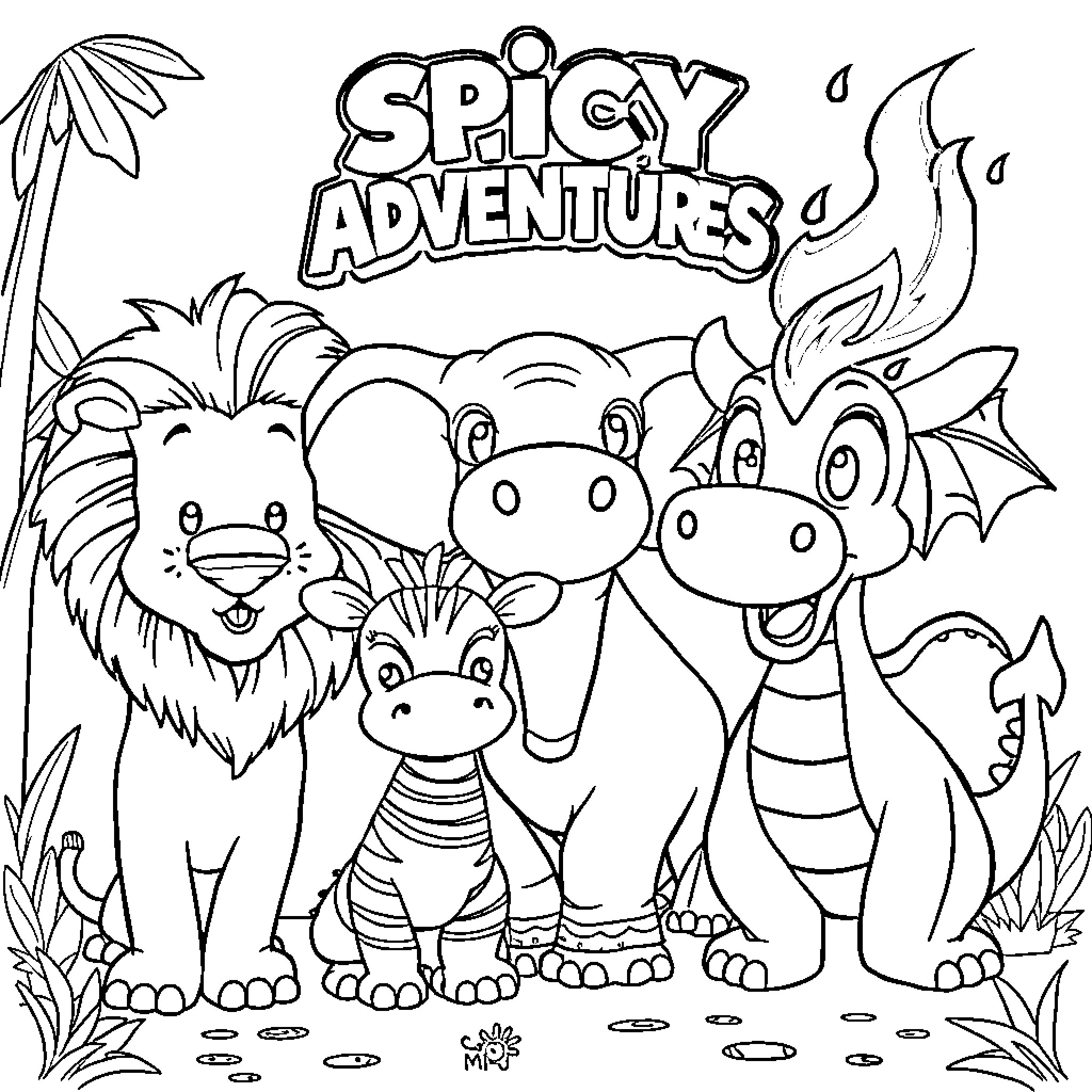 Animal friends in a spicy adventure Coloring Page (free black-and-white line drawing printable PDF for all, from beginners to advanced learners, including children, teens, adults, and seniors)