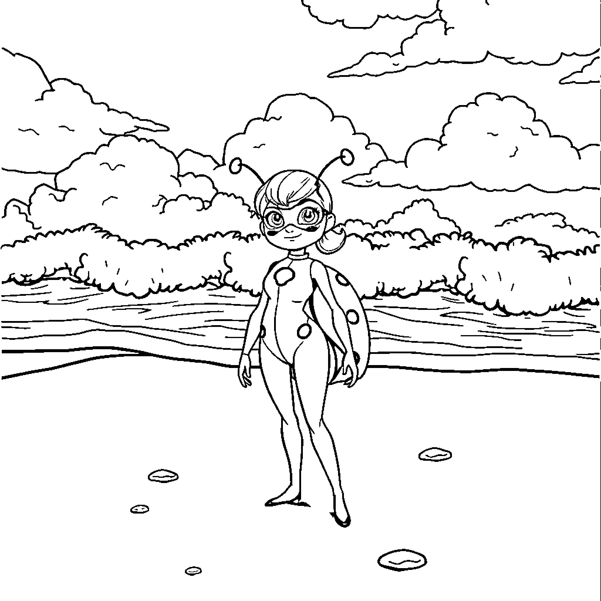 Ladybug exploring the outdoors amidst a scenic landscape Coloring Page (free black-and-white line drawing printable PDF for all, from beginners to advanced learners, including children, teens, adults, and seniors)