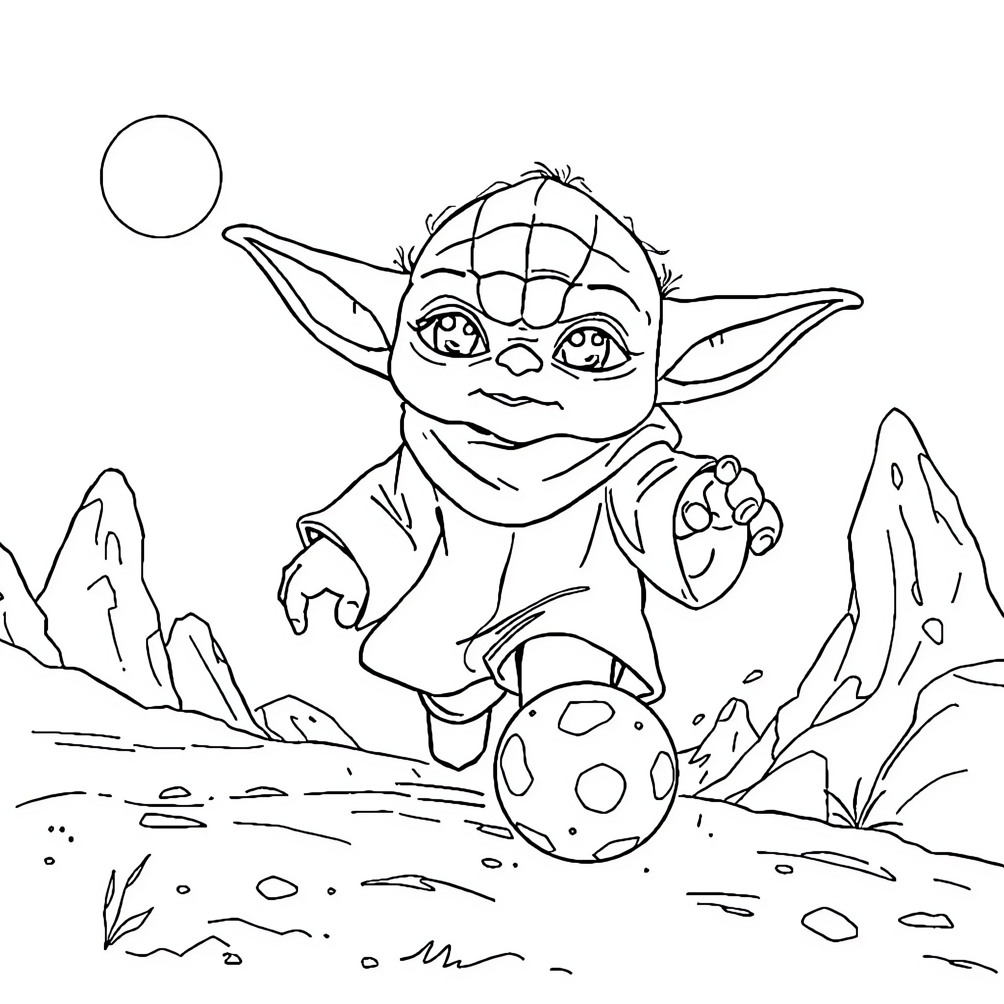 Yoda playing with a ball in a scenic landscape Coloring Page (free black-and-white line drawing printable PDF for all, from beginners to advanced learners, including children, teens, adults, and seniors)