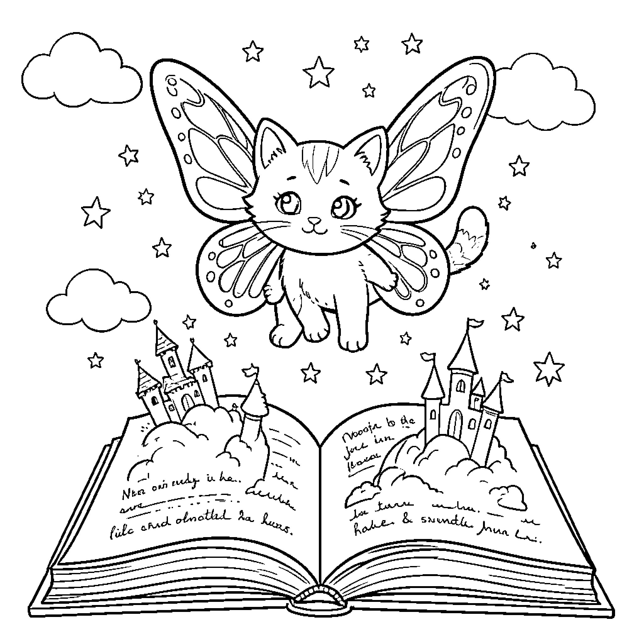 Kitten with butterfly wings emerging from a magic book Coloring Page (free black-and-white line drawing printable PDF for all, from beginners to advanced learners, including children, teens, adults, and seniors)