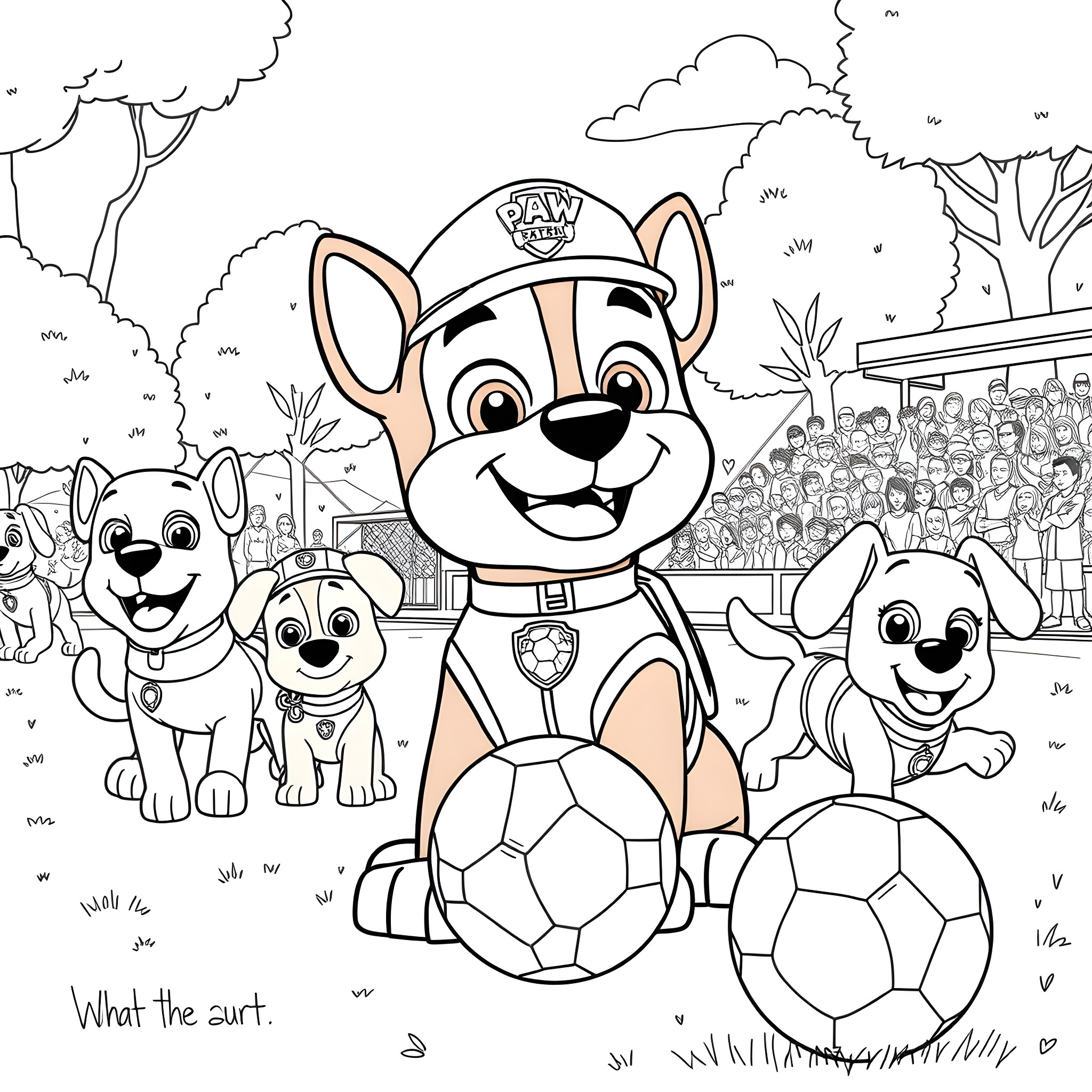 Marshall and paw patrol team playing with soccer balls Coloring Page (free black-and-white line drawing printable PDF for all, from beginners to advanced learners, including children, teens, adults, and seniors)
