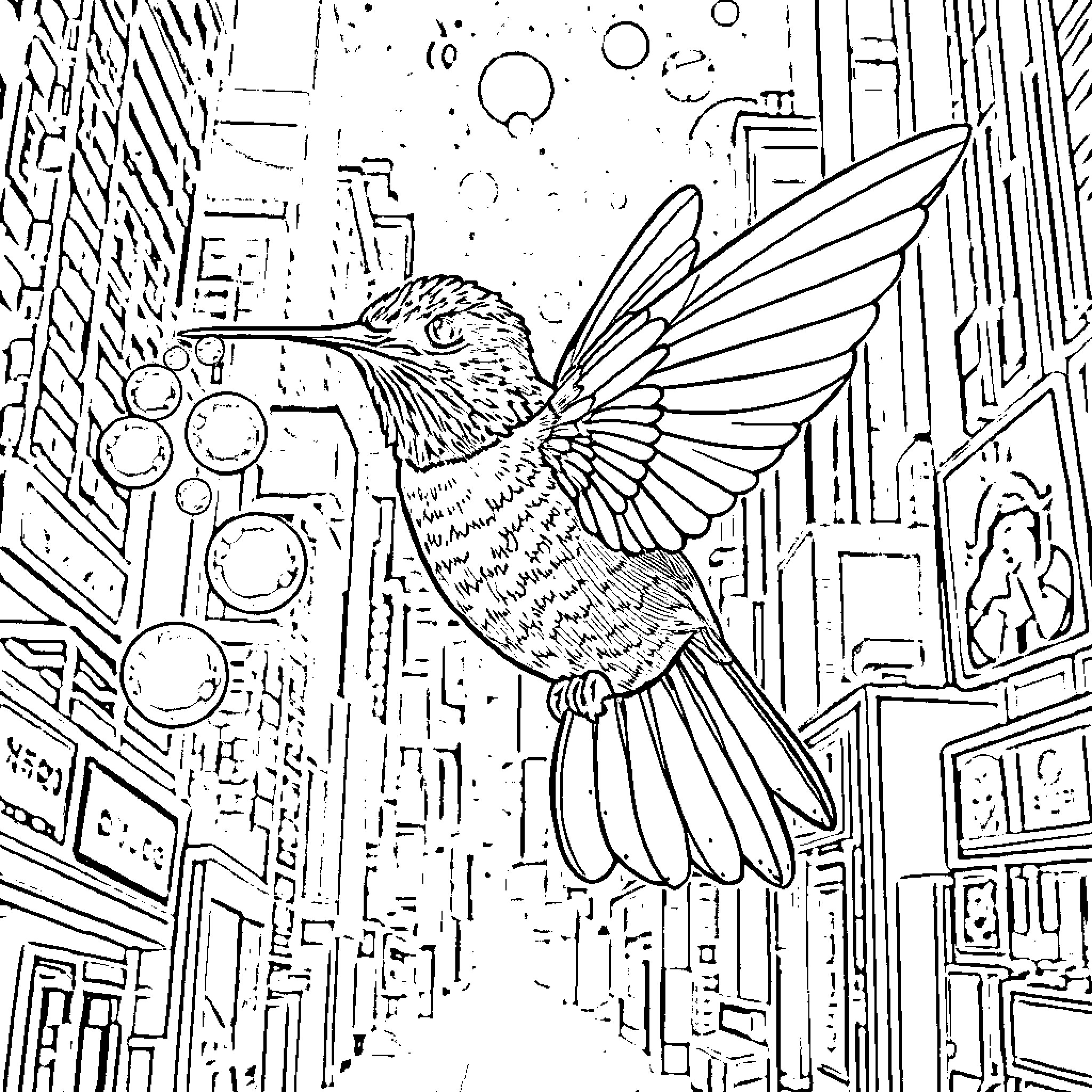 Hummingbird soaring through a futuristic cityscape Coloring Page (free black-and-white line drawing printable PDF for all, from beginners to advanced learners, including children, teens, adults, and seniors)