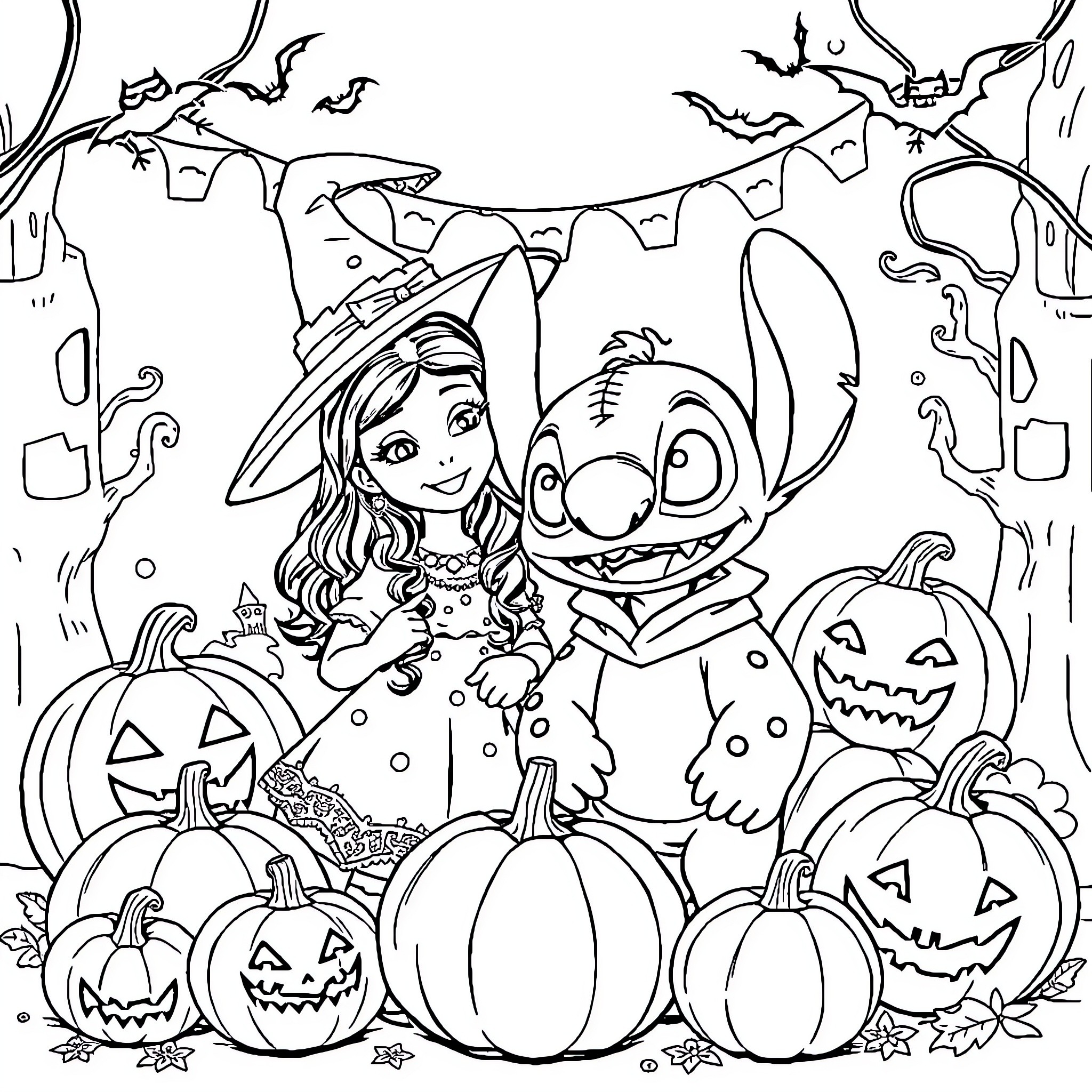 Lilo and Stitch's Spooky Halloween Adventure Coloring Page (free black-and-white line drawing printable PDF for all, from beginners to advanced learners, including children, teens, adults, and seniors)