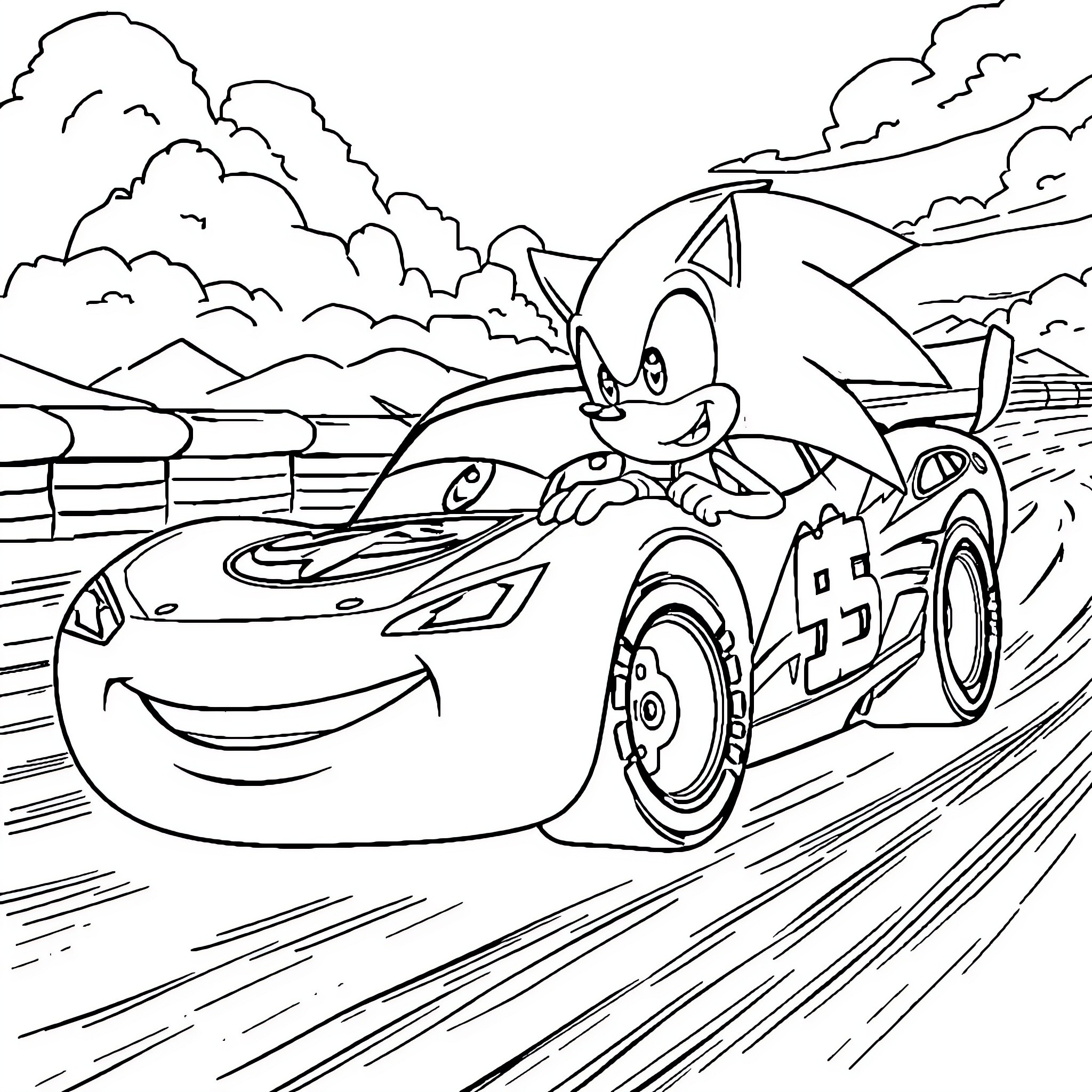 McQueen driving at high speed through the countryside Coloring Page (free black-and-white line drawing printable PDF for all, from beginners to advanced learners, including children, teens, adults, and seniors)