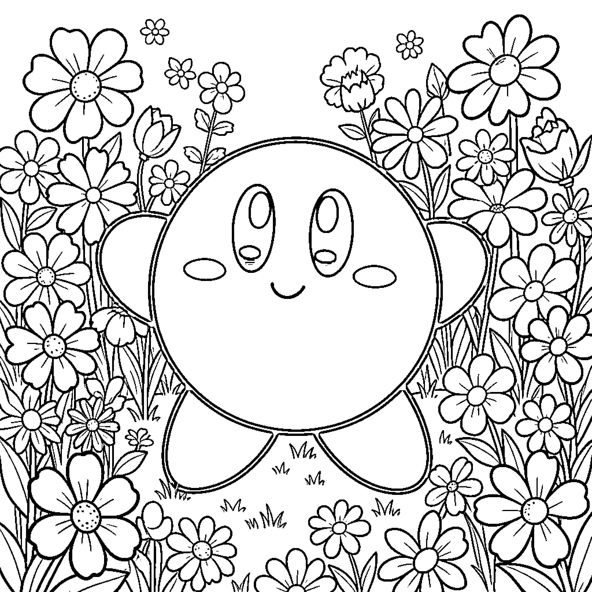 Kirby surrounded by happy flowers Coloring Page (free black-and-white line drawing printable PDF for all, from beginners to advanced learners, including children, teens, adults, and seniors)
