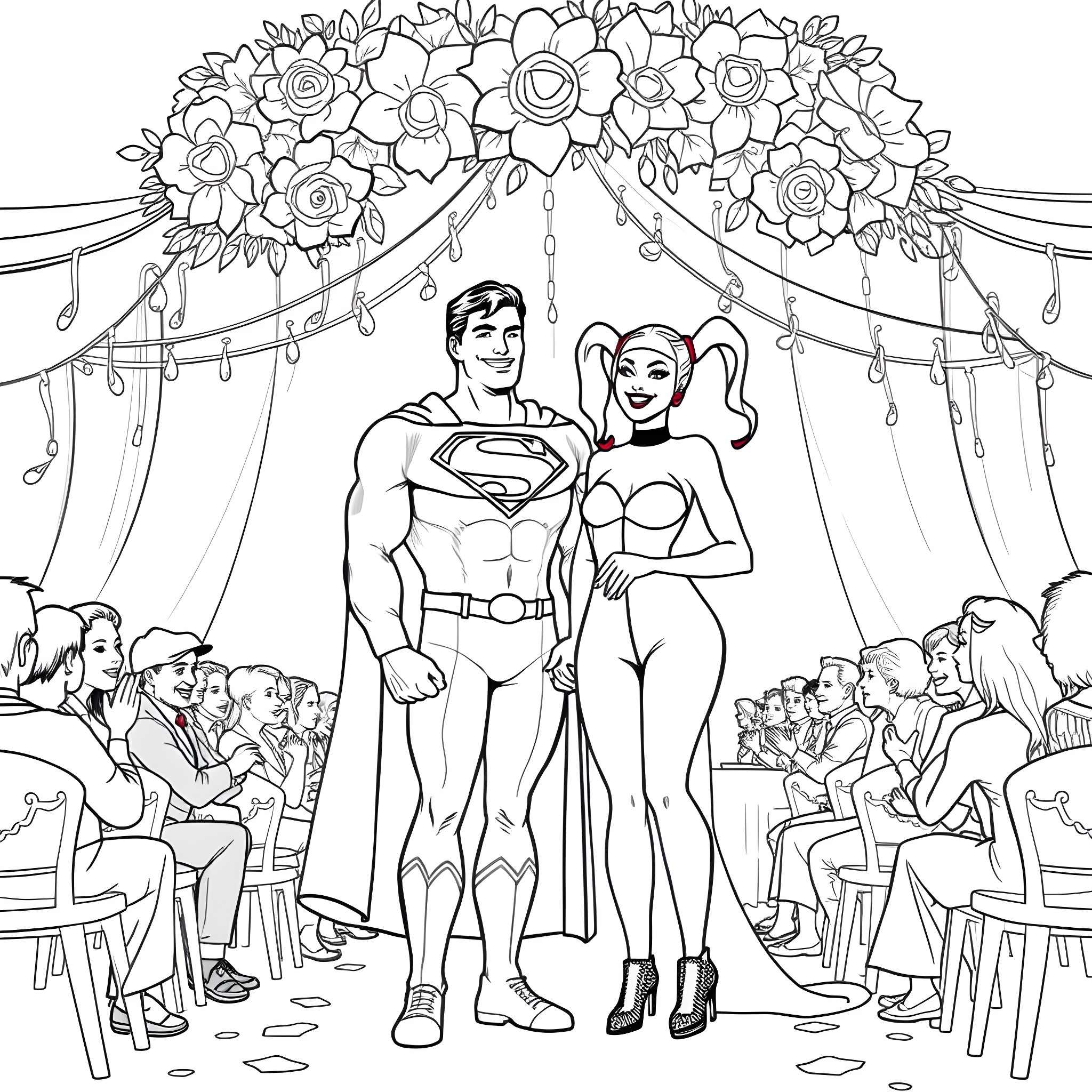 Superman and Superwoman in a floral wedding ceremony Coloring Page (free black-and-white line drawing printable PDF for all, from beginners to advanced learners, including children, teens, adults, and seniors)