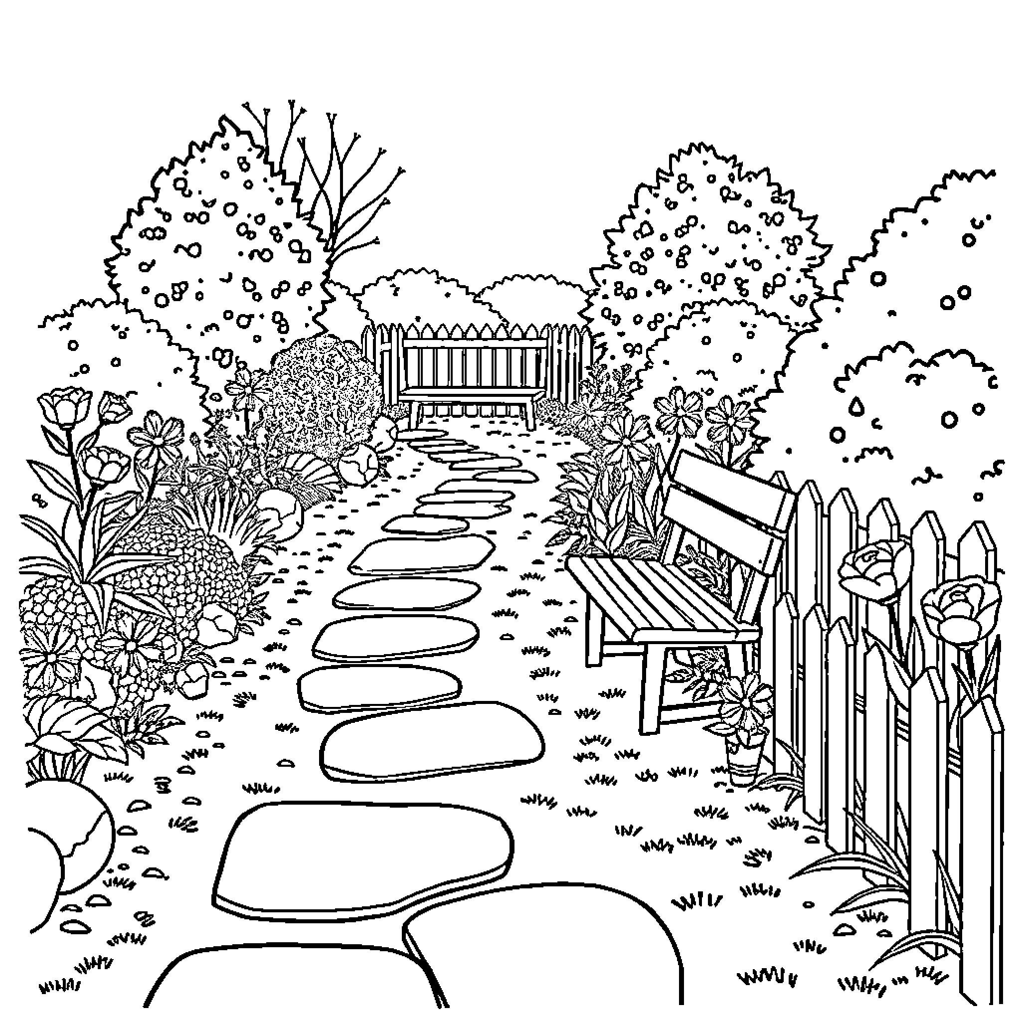 Garden Path and Seating in Floral Landscape Coloring Page (free black-and-white line drawing printable PDF for all, from beginners to advanced learners, including children, teens, adults, and seniors)