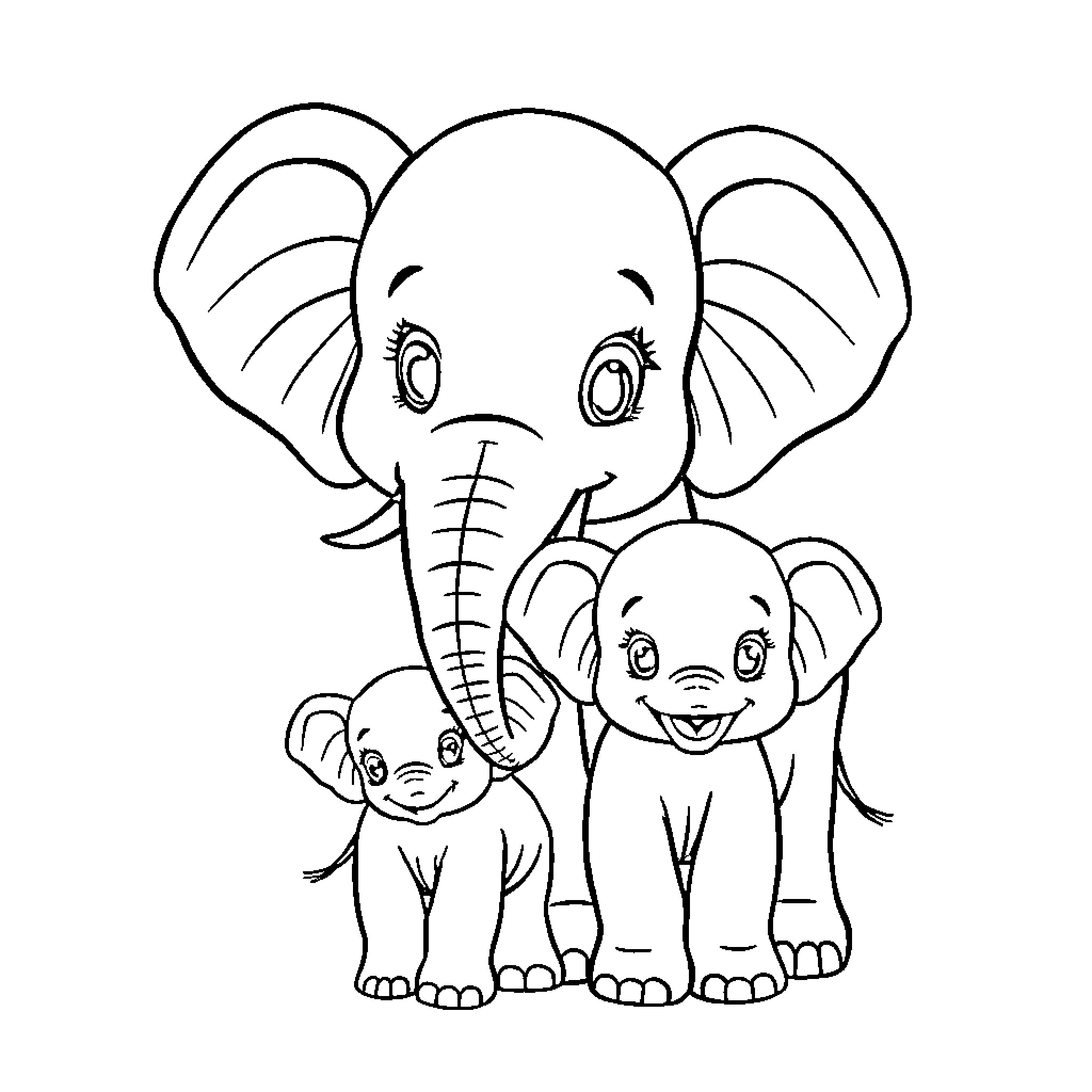 Elephant family in simple line art Coloring Page (free black-and-white line drawing printable PDF for all, from beginners to advanced learners, including children, teens, adults, and seniors)