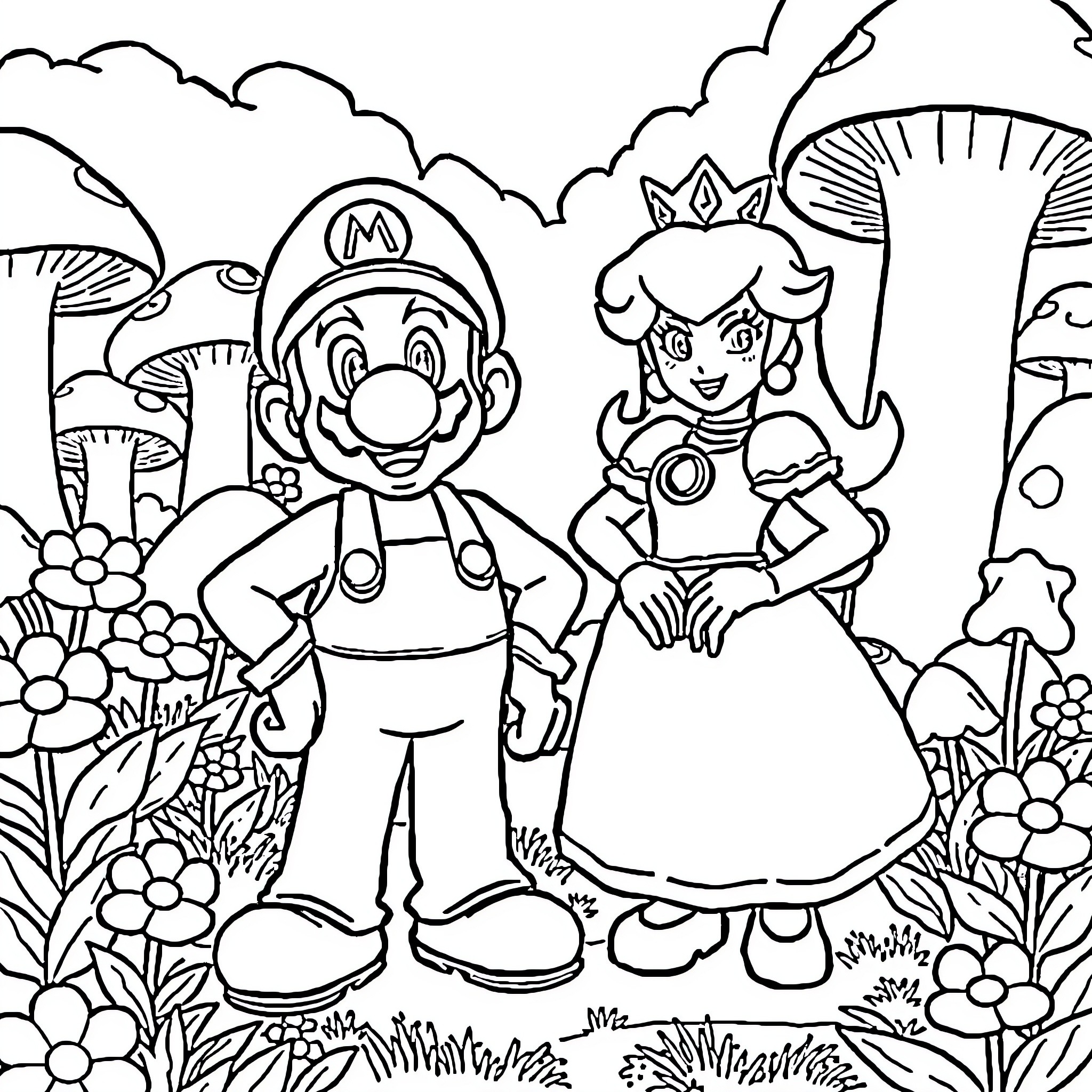 Mario and Princess Adventure in the Mushroom Kingdom Coloring Page (free black-and-white line drawing printable PDF for all, from beginners to advanced learners, including children, teens, adults, and seniors)