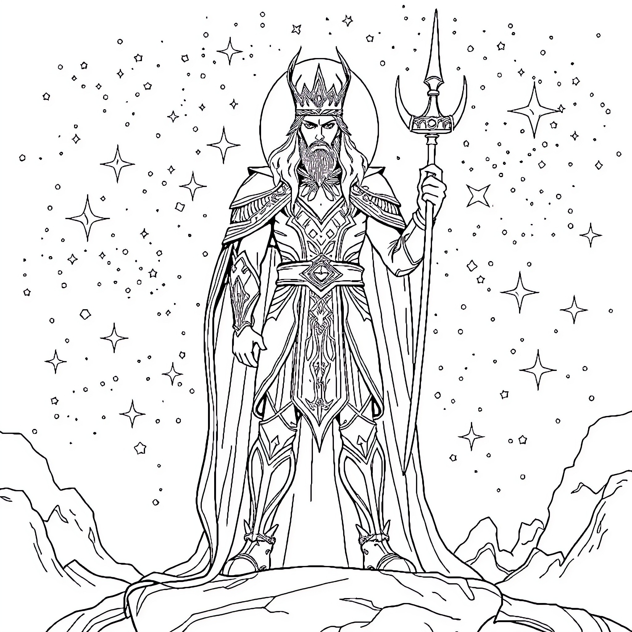 Rhysand, the Powerful High Lord Wielding the Celestial Scepter Coloring Page (free black-and-white line drawing printable PDF for all, from beginners to advanced learners, including children, teens, adults, and seniors)
