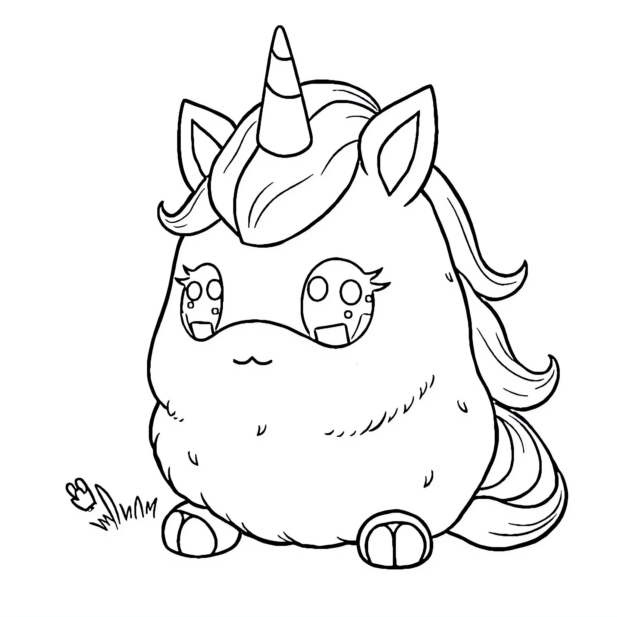 Unicorn creature sitting happily with big eyes Coloring Page (free black-and-white line drawing printable PDF for all, from beginners to advanced learners, including children, teens, adults, and seniors)