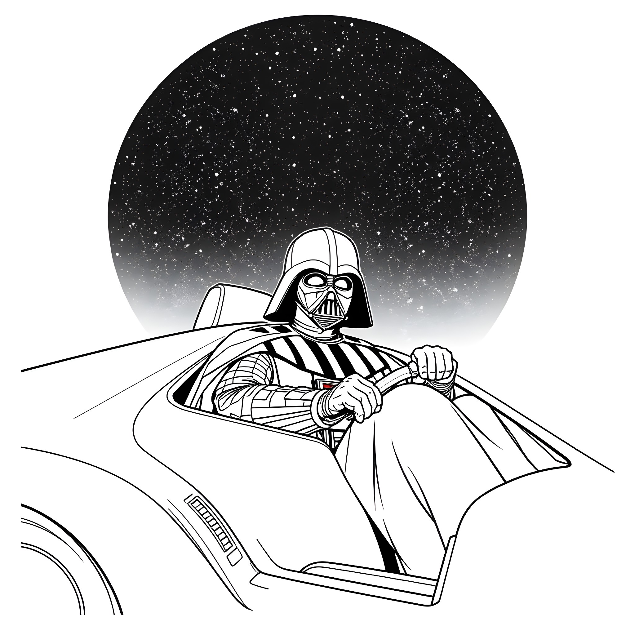 Darth Vader piloting his spaceship under the starry night sky Coloring Page (free black-and-white line drawing printable PDF for all, from beginners to advanced learners, including children, teens, adults, and seniors)