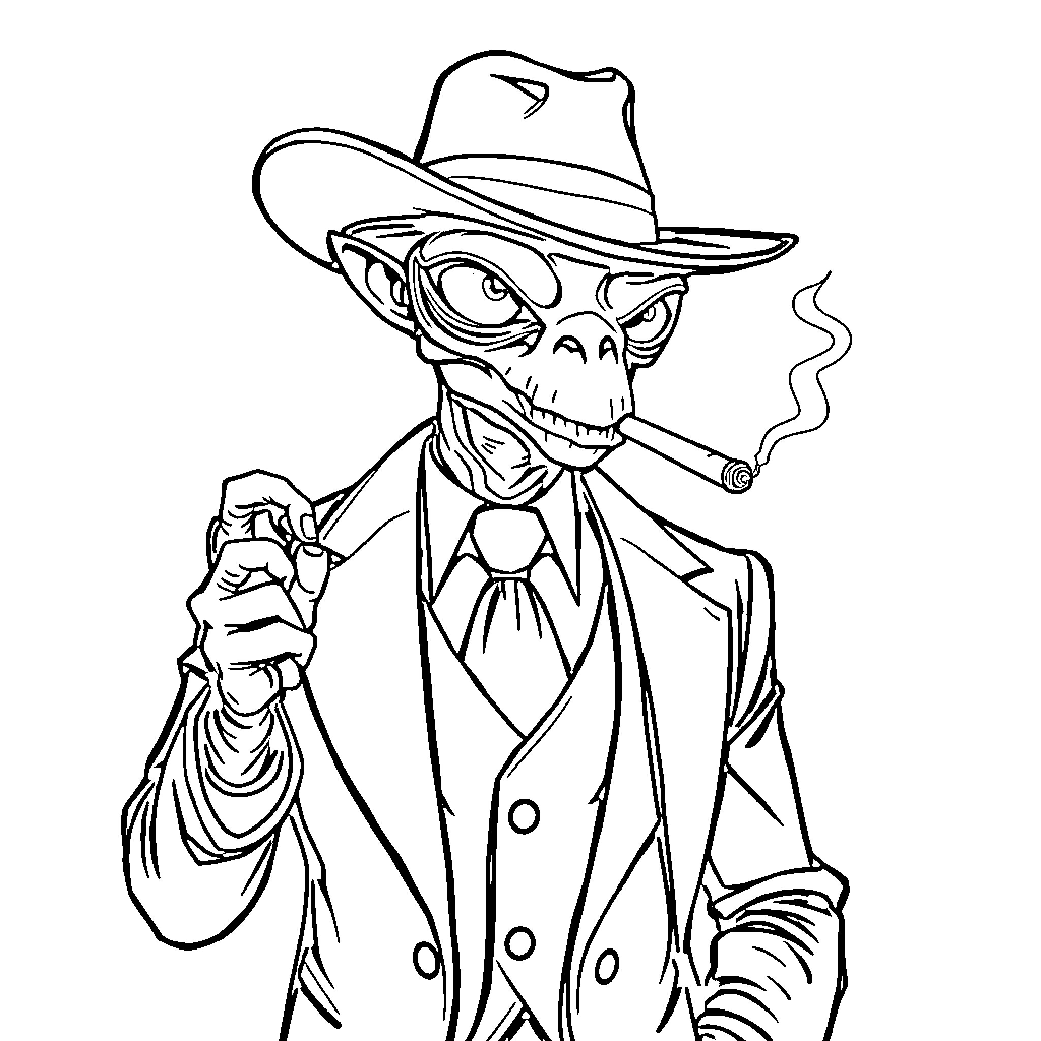 Alien Mob Boss Smoking Cigar in Suit Coloring Page (free black-and-white line drawing printable PDF for all, from beginners to advanced learners, including children, teens, adults, and seniors)