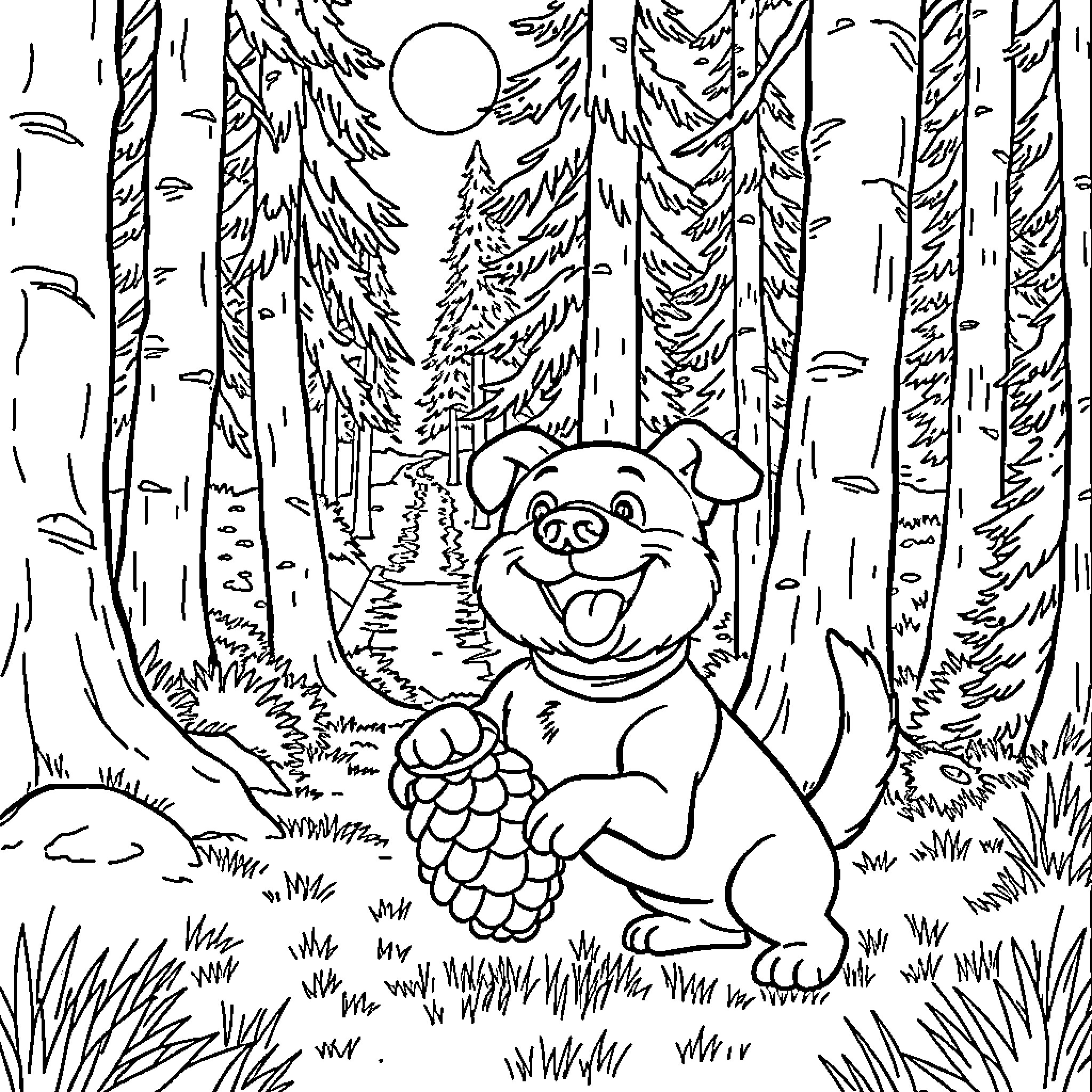 Dog enjoying a pine cone in the forest Coloring Page (free black-and-white line drawing printable PDF for all, from beginners to advanced learners, including children, teens, adults, and seniors)