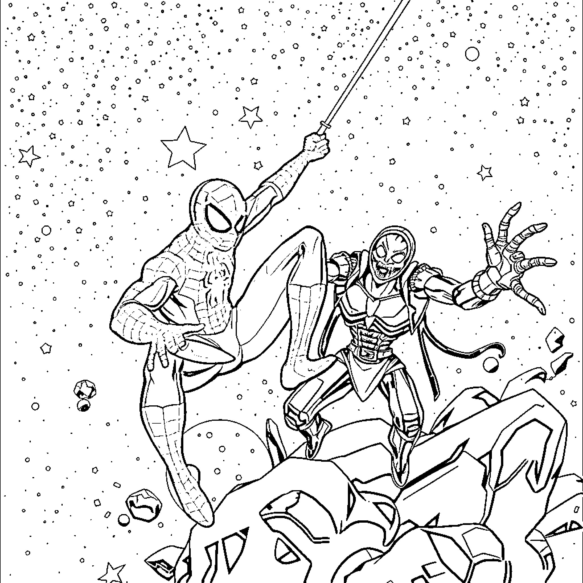 Spider-Man and Iron Man Battling Villains in the Starry Night Coloring Page (free black-and-white line drawing printable PDF for all, from beginners to advanced learners, including children, teens, adults, and seniors)