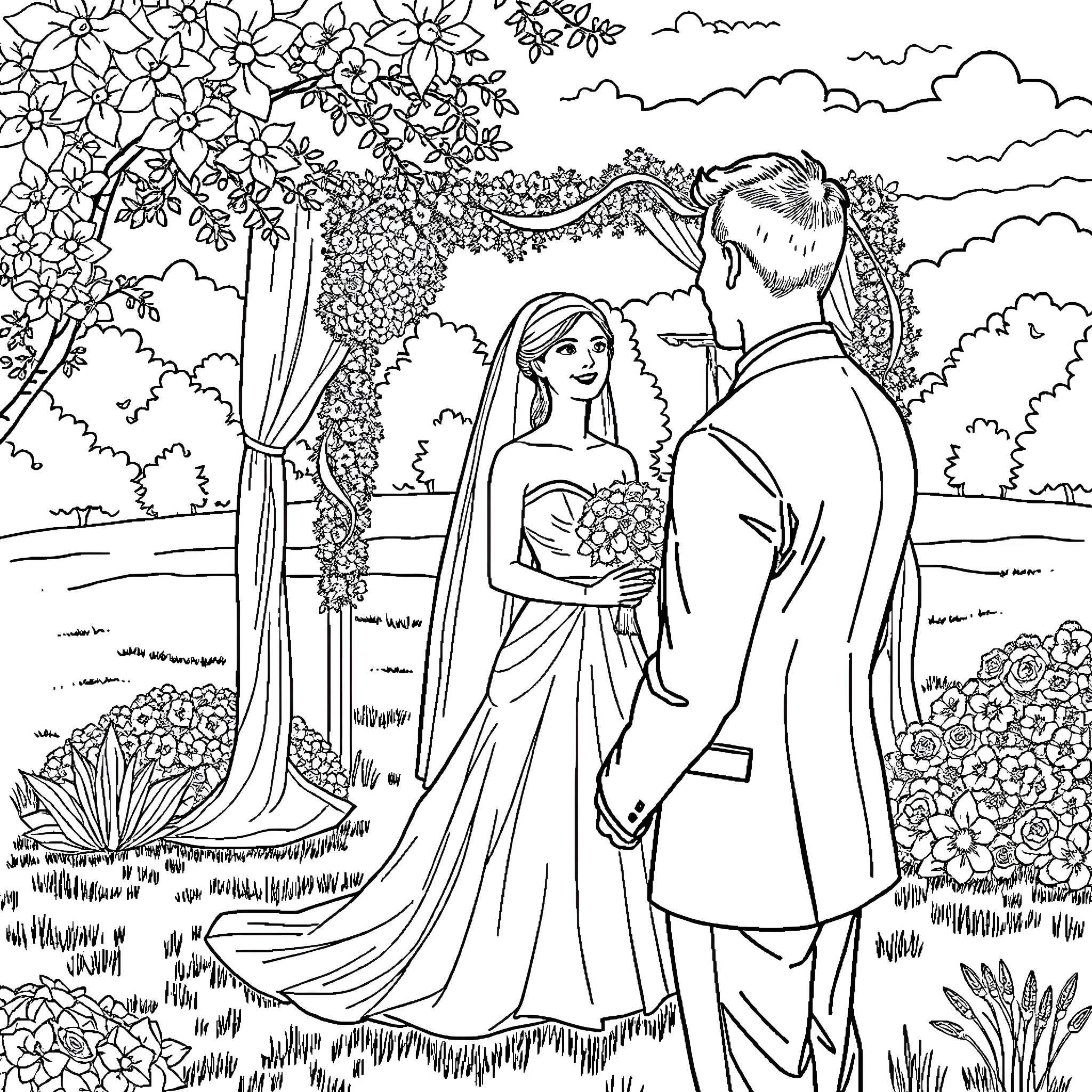 Wedding in a Floral Garden Coloring Page (free black-and-white line drawing printable PDF for all, from beginners to advanced learners, including children, teens, adults, and seniors)
