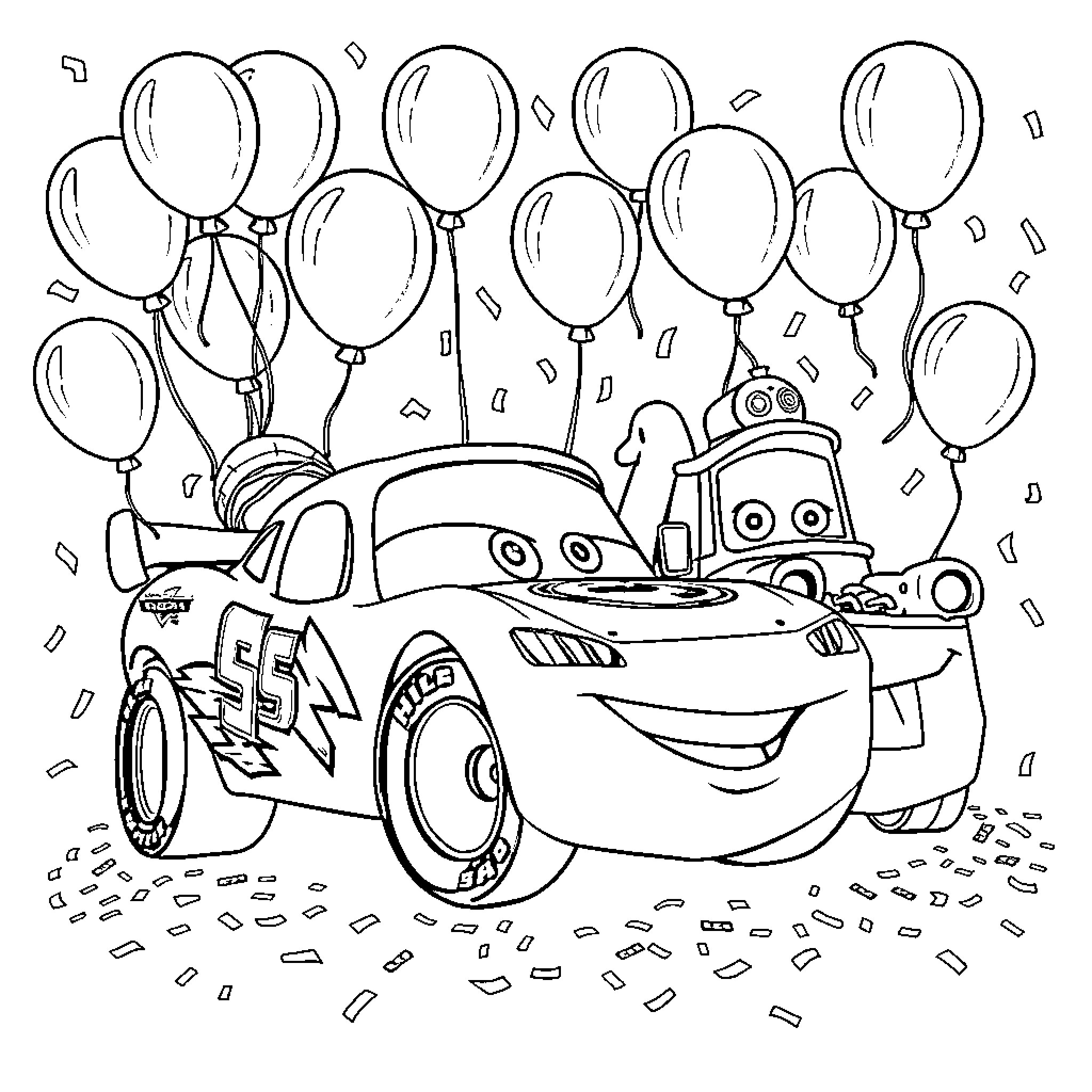 Lightning McQueen celebrates with balloons and confetti Coloring Page (free black-and-white line drawing printable PDF for all, from beginners to advanced learners, including children, teens, adults, and seniors)