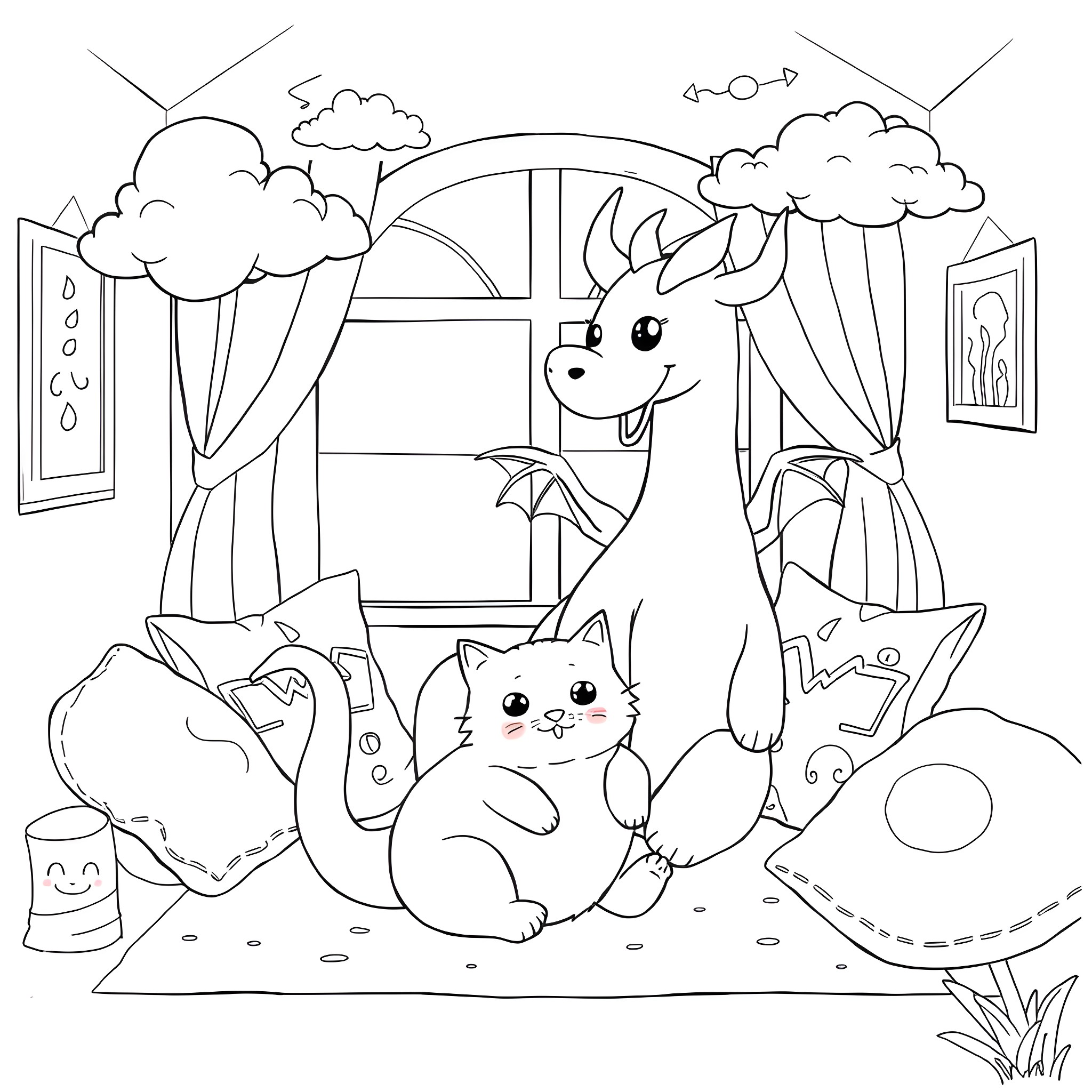 Dragon and pets playing happily in the room Coloring Page (free black-and-white line drawing printable PDF for all, from beginners to advanced learners, including children, teens, adults, and seniors)