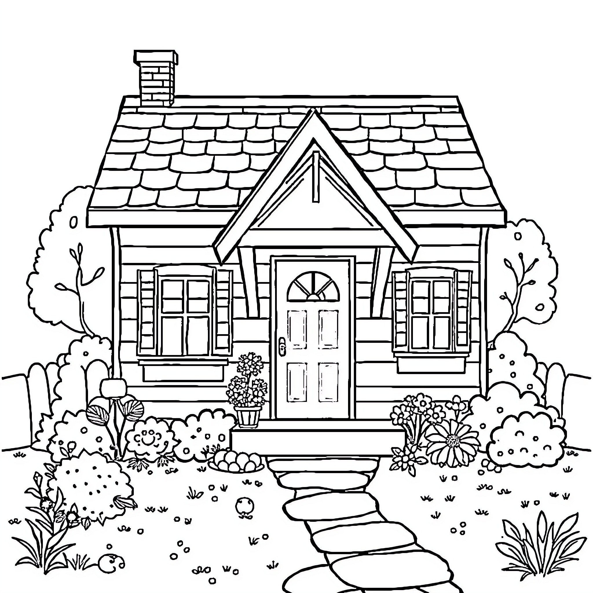 House with Quaint Details and Surrounding Foliage Coloring Page (free black-and-white line drawing printable PDF for all, from beginners to advanced learners, including children, teens, adults, and seniors)