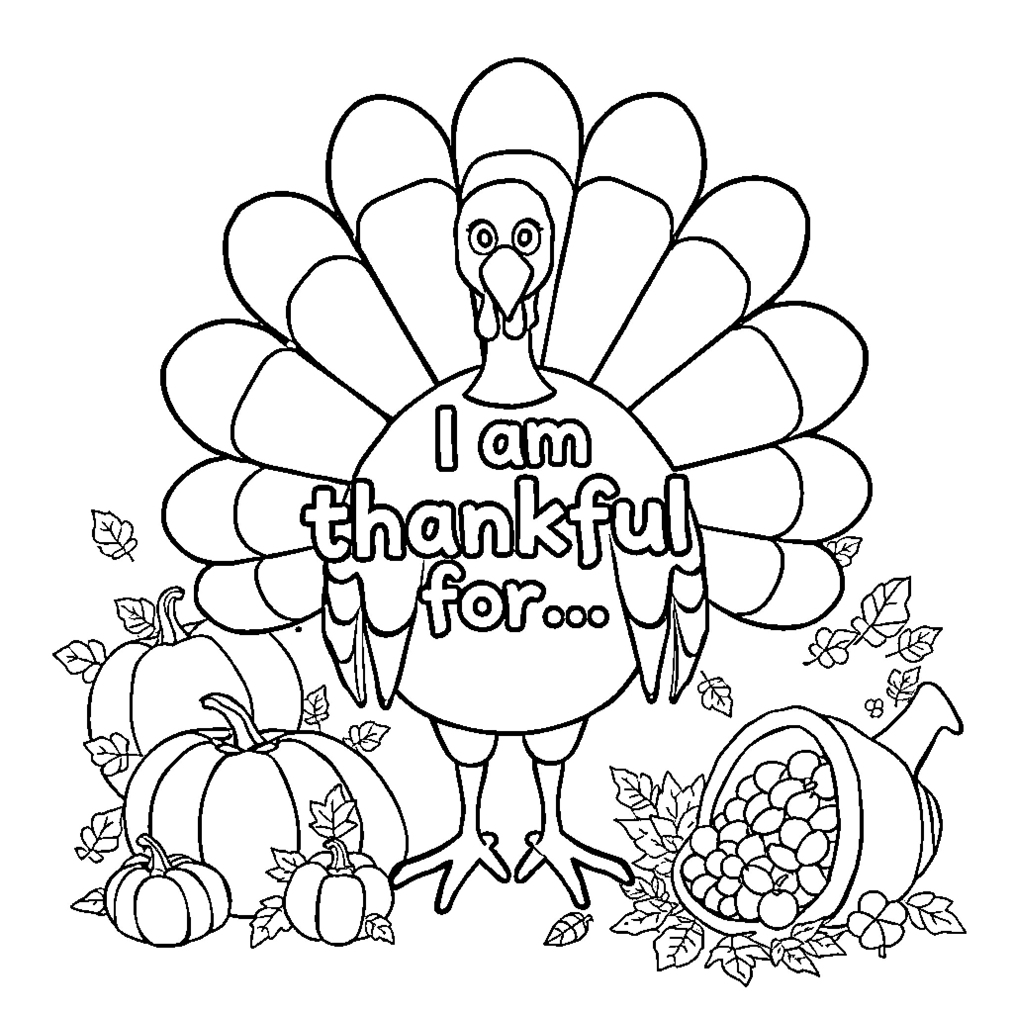 Turkey expressing thankfulness for harvest Coloring Page (free black-and-white line drawing printable PDF for all, from beginners to advanced learners, including children, teens, adults, and seniors)