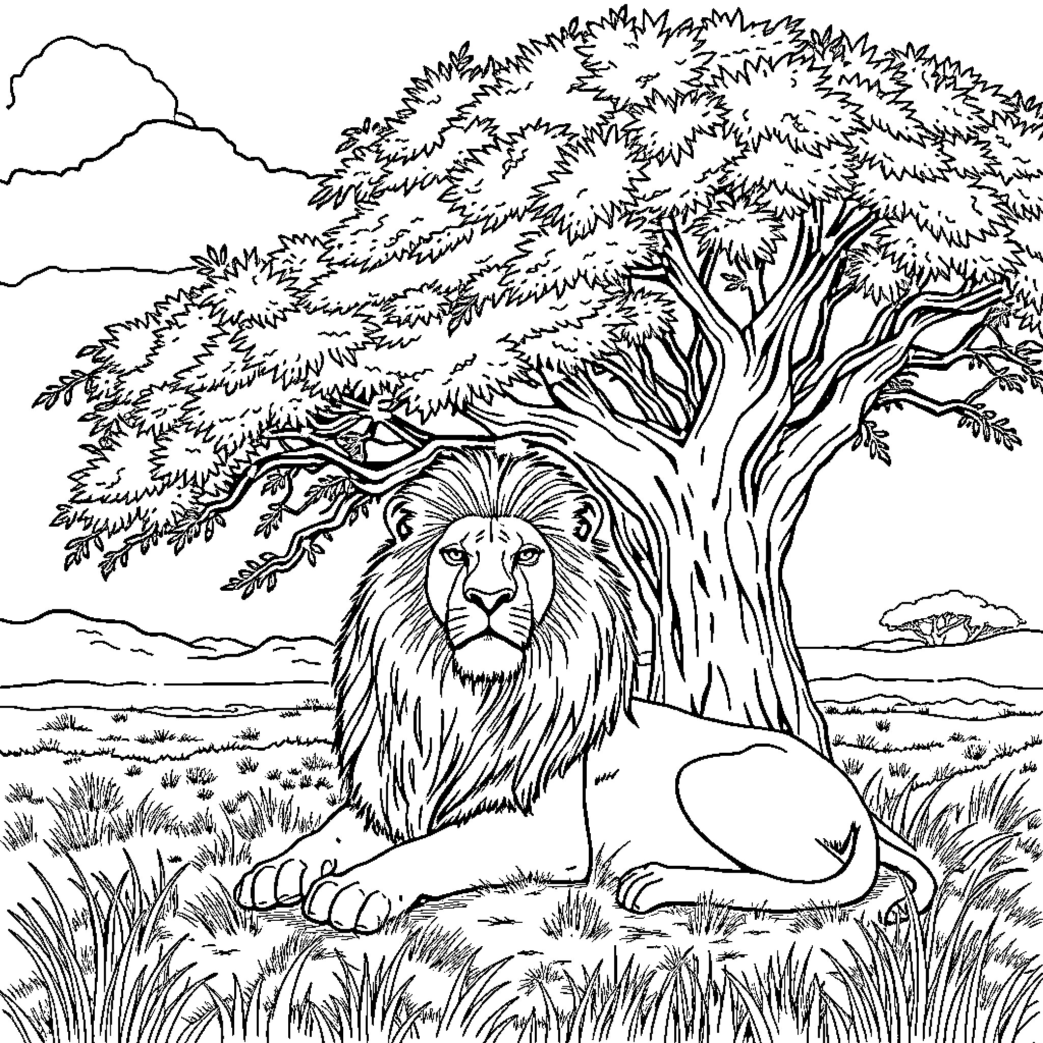 Lion resting under a large tree in a peaceful savanna Coloring Page (free black-and-white line drawing printable PDF for all, from beginners to advanced learners, including children, teens, adults, and seniors)