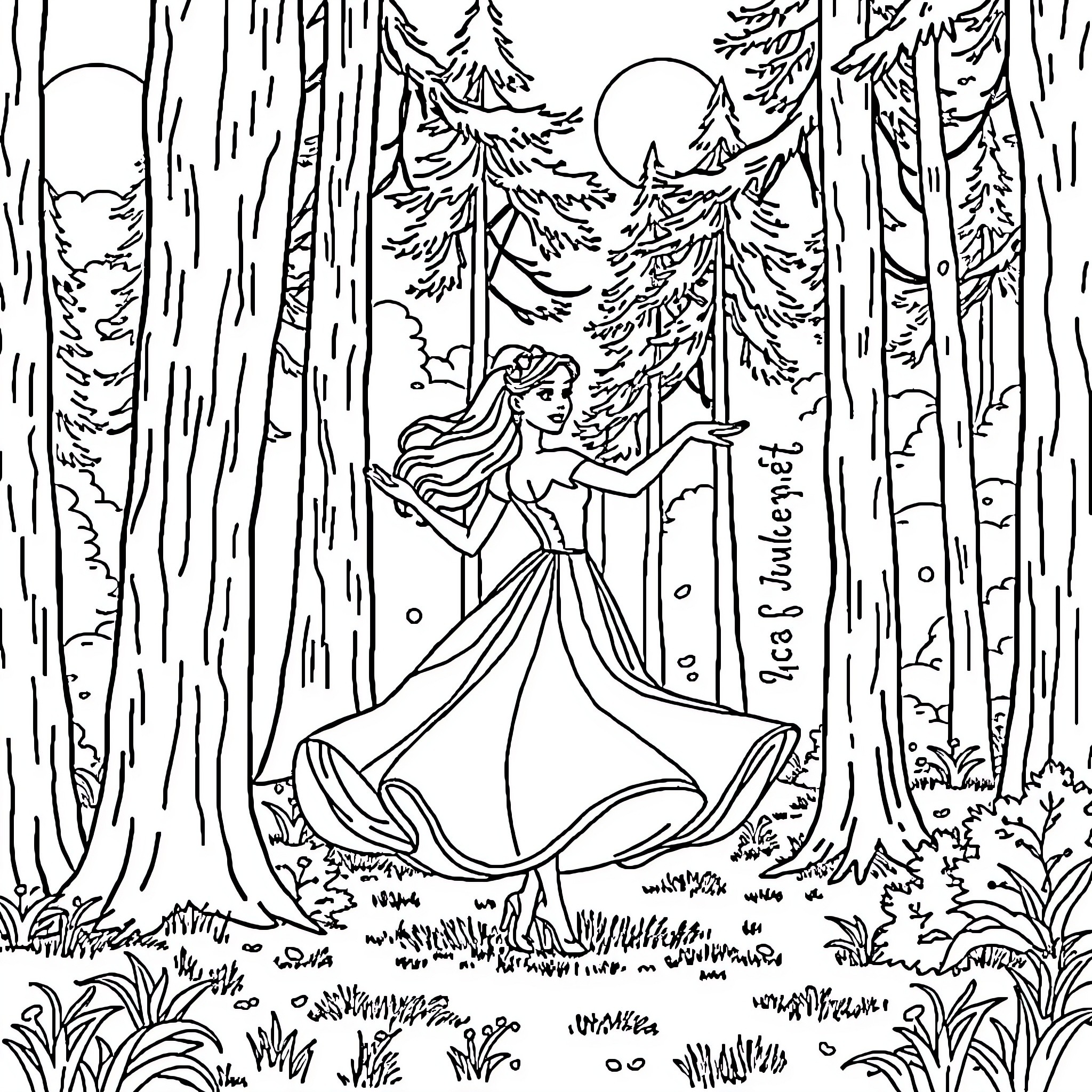 Princess exploring the enchanted forest Coloring Page (free black-and-white line drawing printable PDF for all, from beginners to advanced learners, including children, teens, adults, and seniors)
