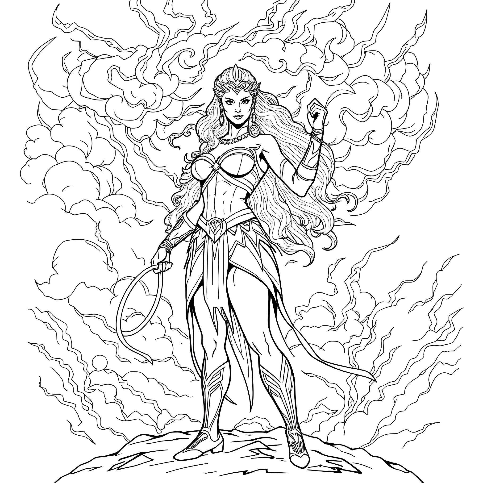Wonder Woman unleashing her power in a dramatic scene Coloring Page (free black-and-white line drawing printable PDF for all, from beginners to advanced learners, including children, teens, adults, and seniors)