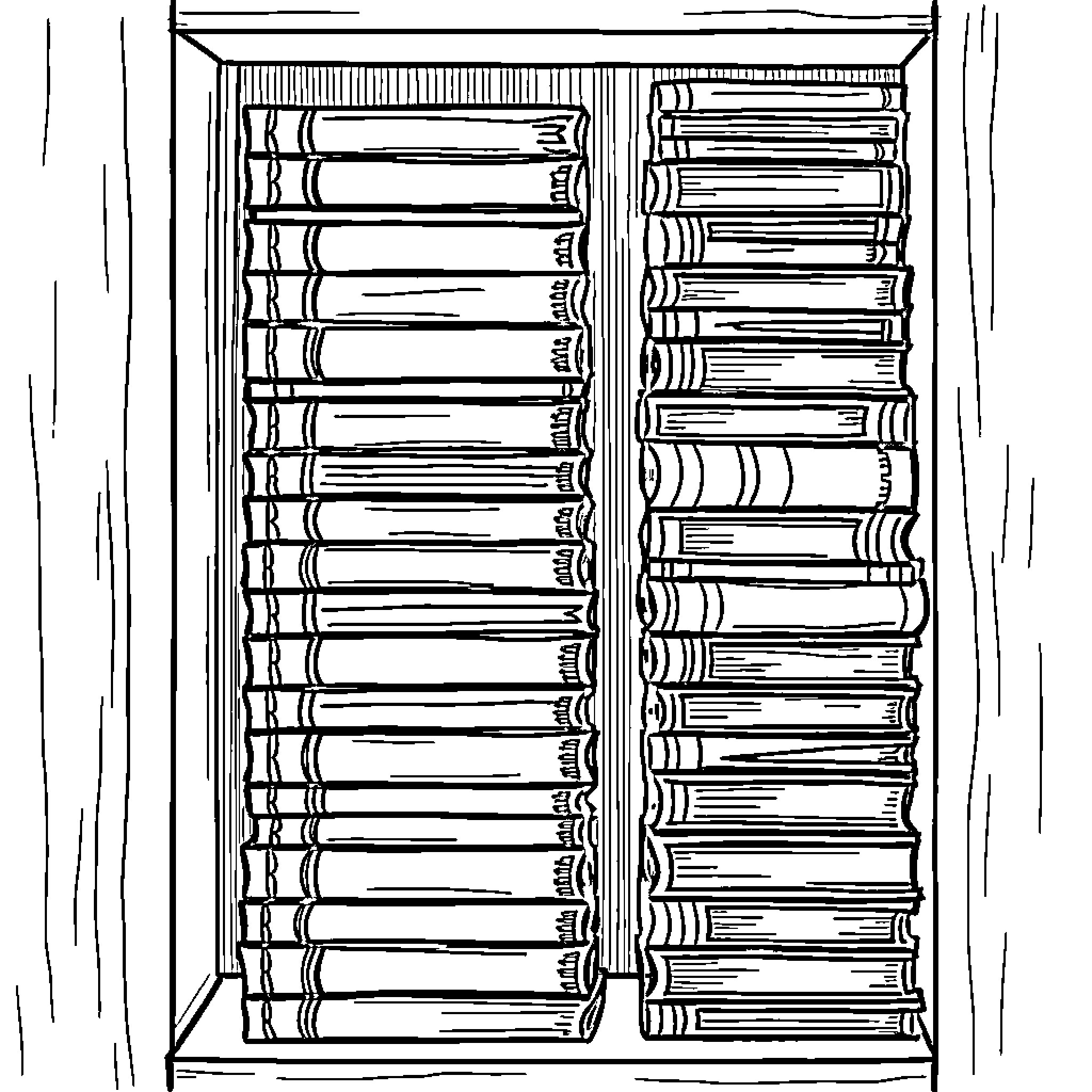 Book Shelves with Stacks of Books Coloring Page (free black-and-white line drawing printable PDF for all, from beginners to advanced learners, including children, teens, adults, and seniors)
