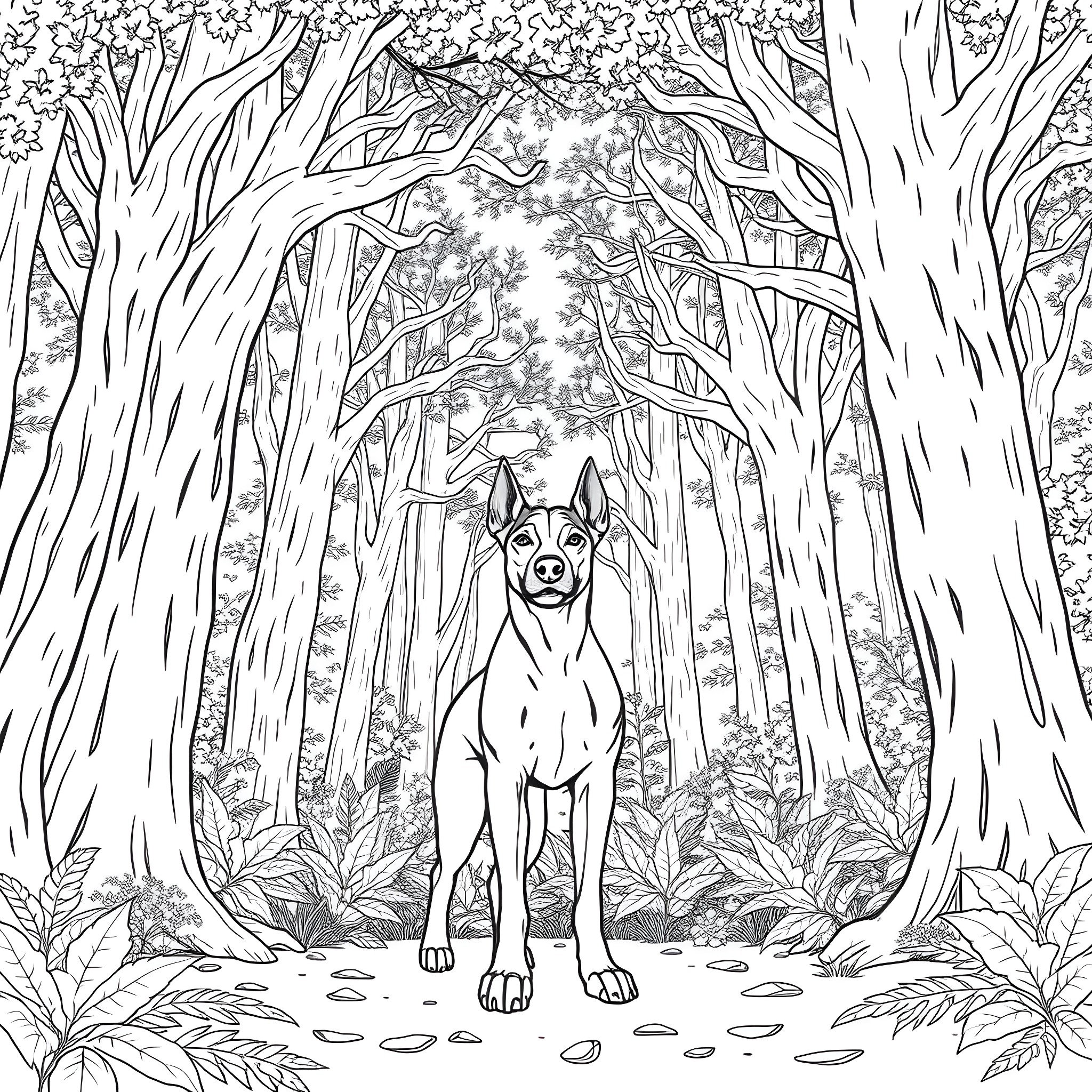 Chancer the pup roams the enchanted forest Coloring Page (free black-and-white line drawing printable PDF for all, from beginners to advanced learners, including children, teens, adults, and seniors)