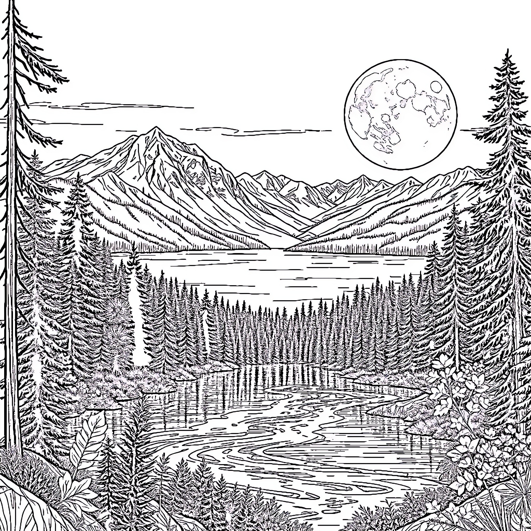 Lake in the Serene Mountain Landscape Coloring Page (free black-and-white line drawing printable PDF for all, from beginners to advanced learners, including children, teens, adults, and seniors)