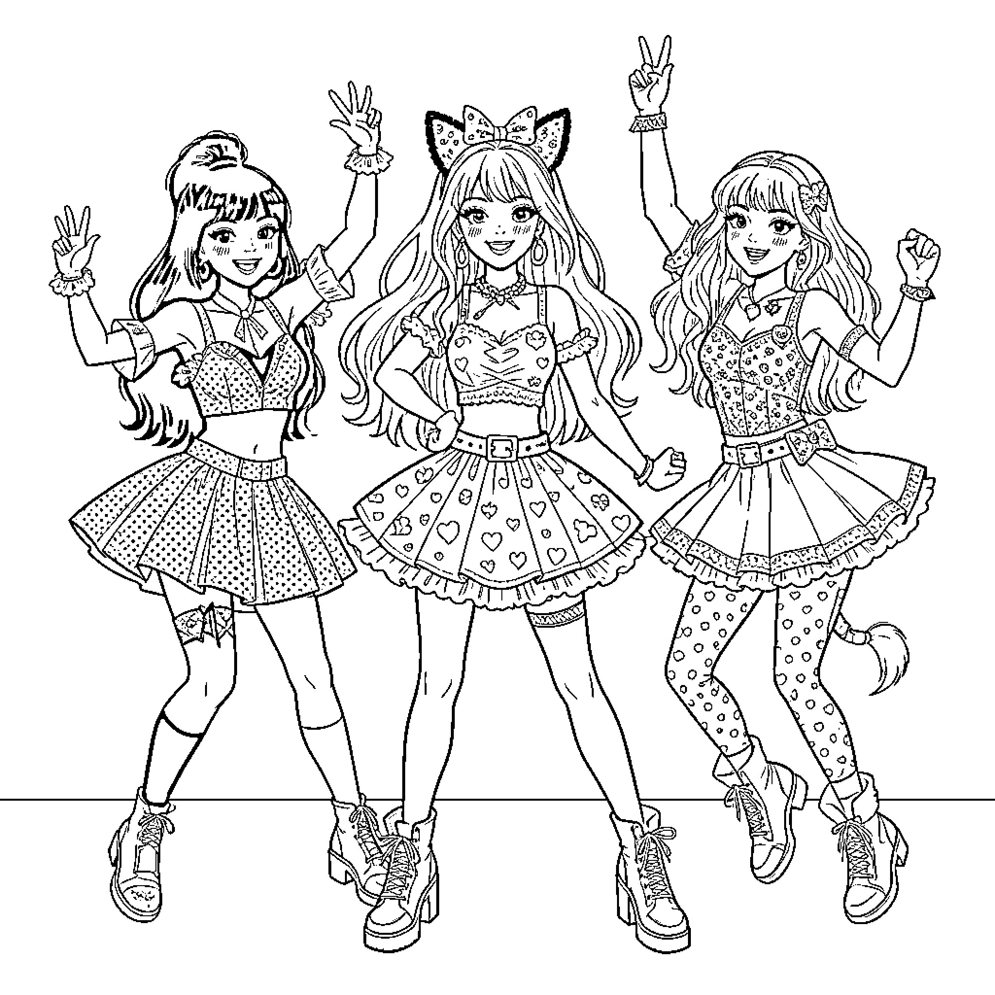 Kpop Guerrera: Stylish Idol Trio Strikes a Pose Coloring Page (free black-and-white line drawing printable PDF for all, from beginners to advanced learners, including children, teens, adults, and seniors)