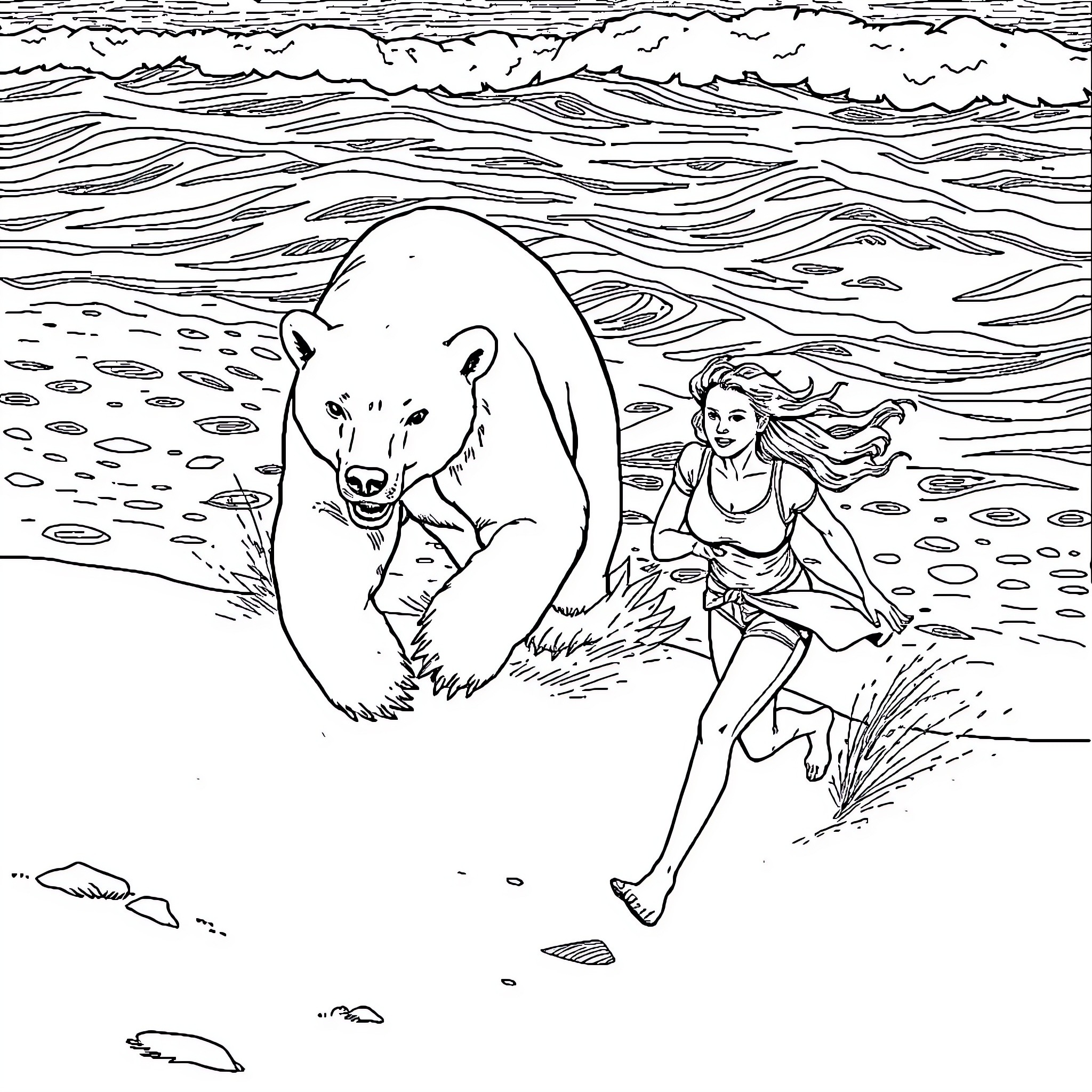 Woman encounters a bear in the wilderness Coloring Page (free black-and-white line drawing printable PDF for all, from beginners to advanced learners, including children, teens, adults, and seniors)