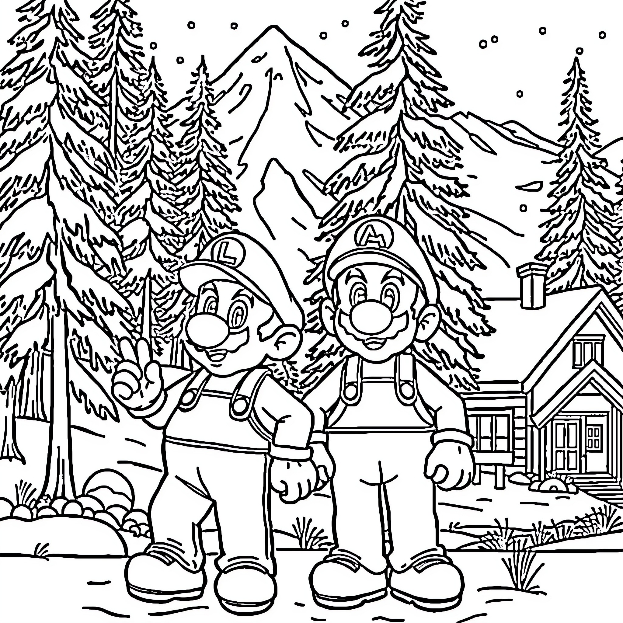 Mario and Luigi Exploring the Snowy Mountain Cabin Coloring Page (free black-and-white line drawing printable PDF for all, from beginners to advanced learners, including children, teens, adults, and seniors)