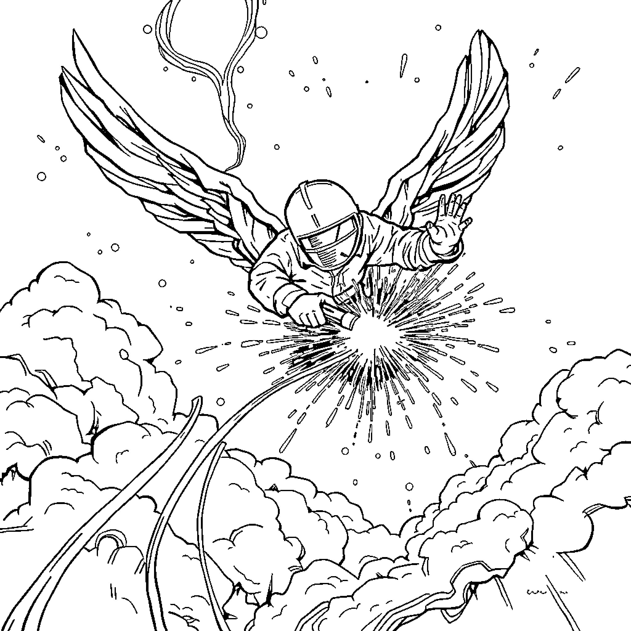 Stick Welder soaring through the clouds Coloring Page (free black-and-white line drawing printable PDF for all, from beginners to advanced learners, including children, teens, adults, and seniors)