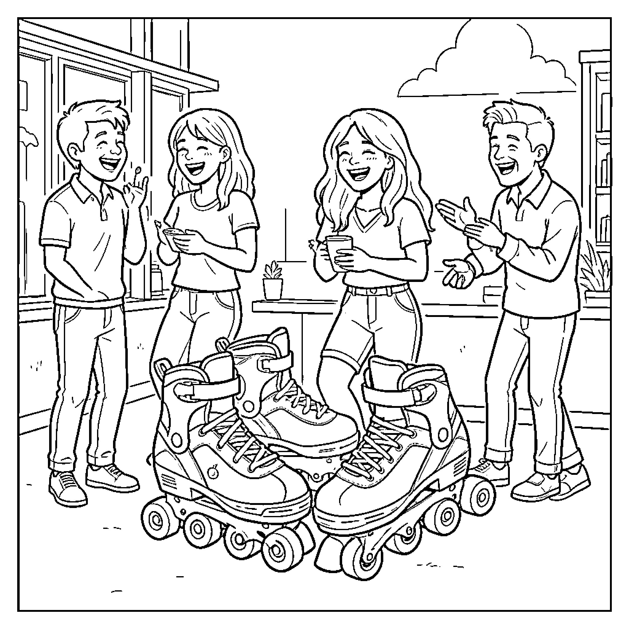 Roller Skate Fun Among Cheerful Friends Coloring Page (free black-and-white line drawing printable PDF for all, from beginners to advanced learners, including children, teens, adults, and seniors)