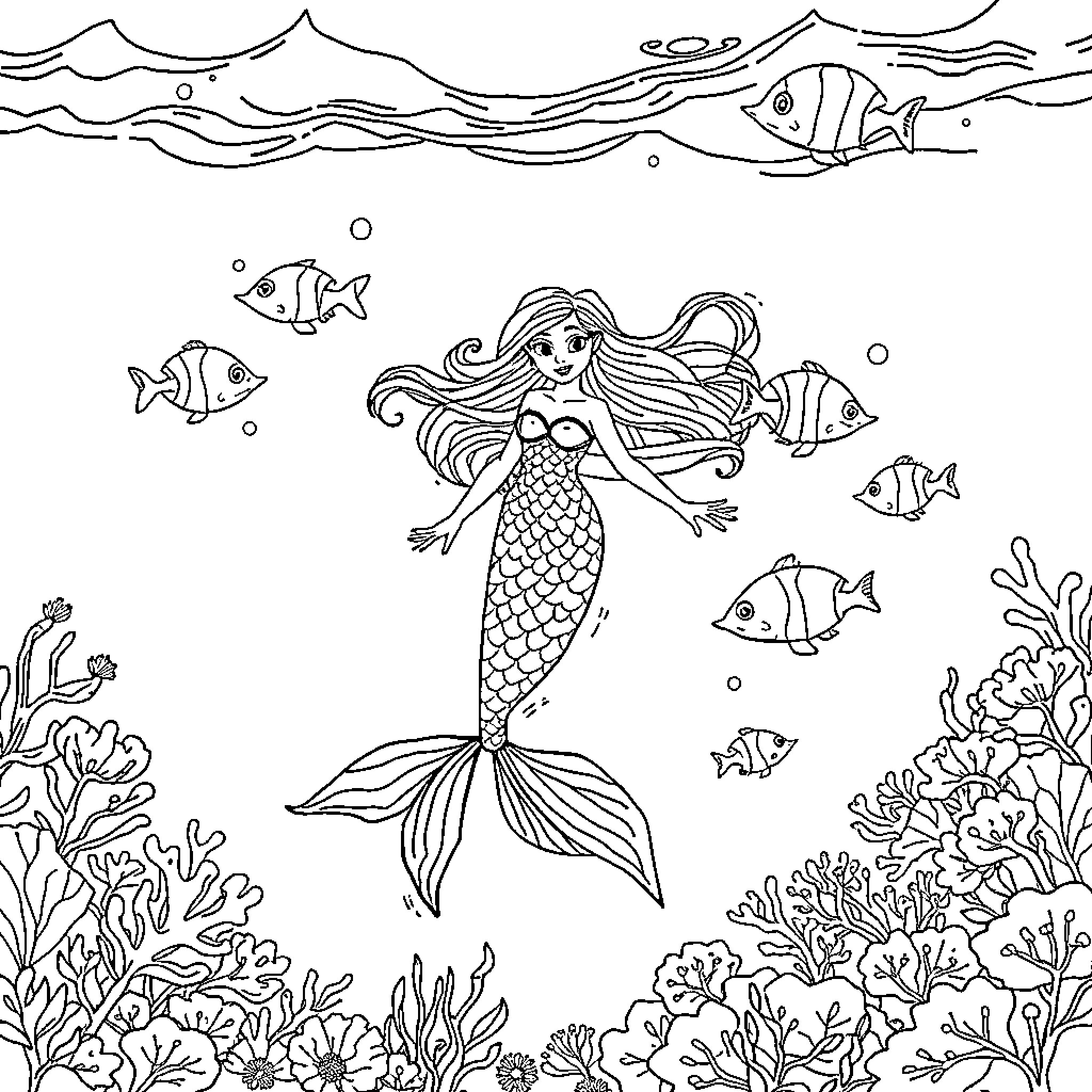 Mermaid surrounded by marine life in underwater scene Coloring Page (free black-and-white line drawing printable PDF for all, from beginners to advanced learners, including children, teens, adults, and seniors)