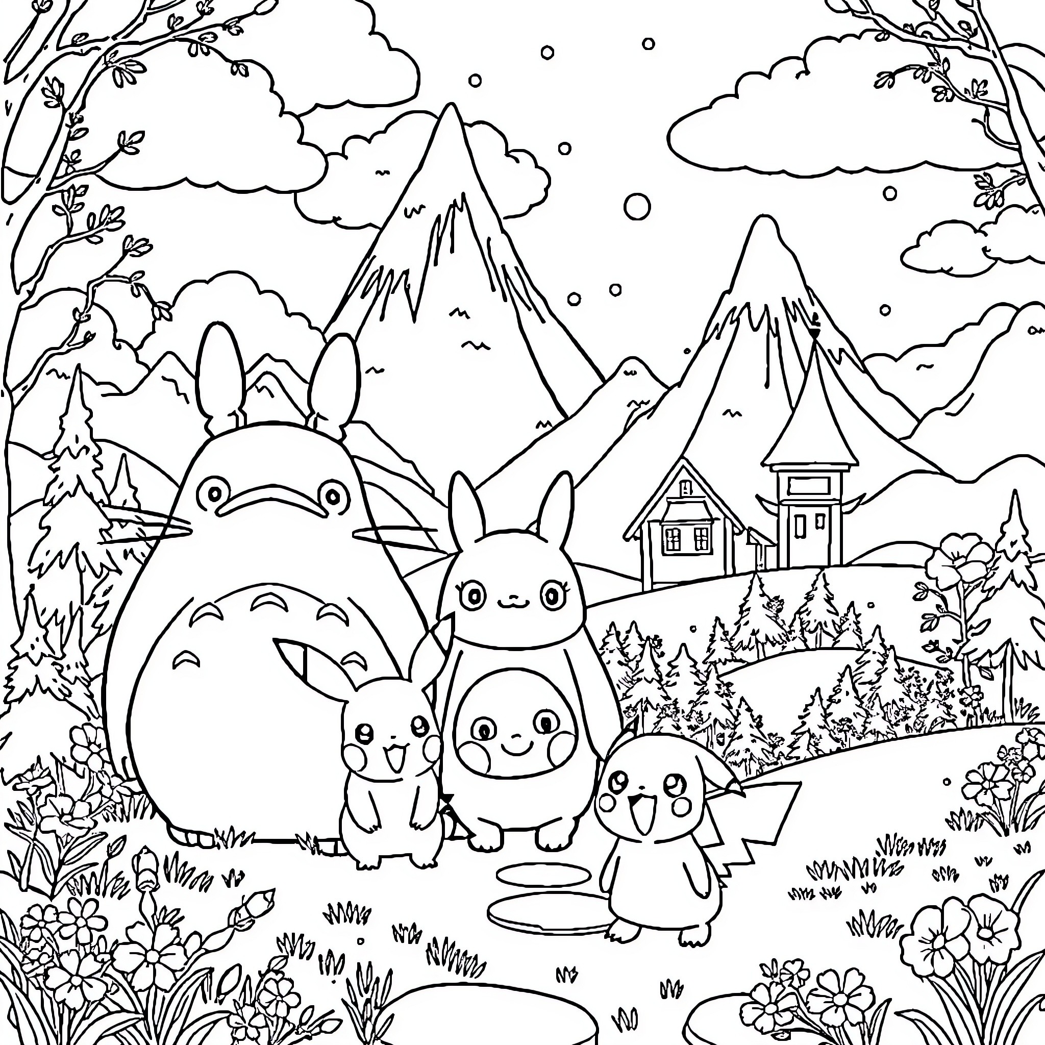 Studio Ghibli characters enjoying a peaceful mountain scene Coloring Page (free black-and-white line drawing printable PDF for all, from beginners to advanced learners, including children, teens, adults, and seniors)