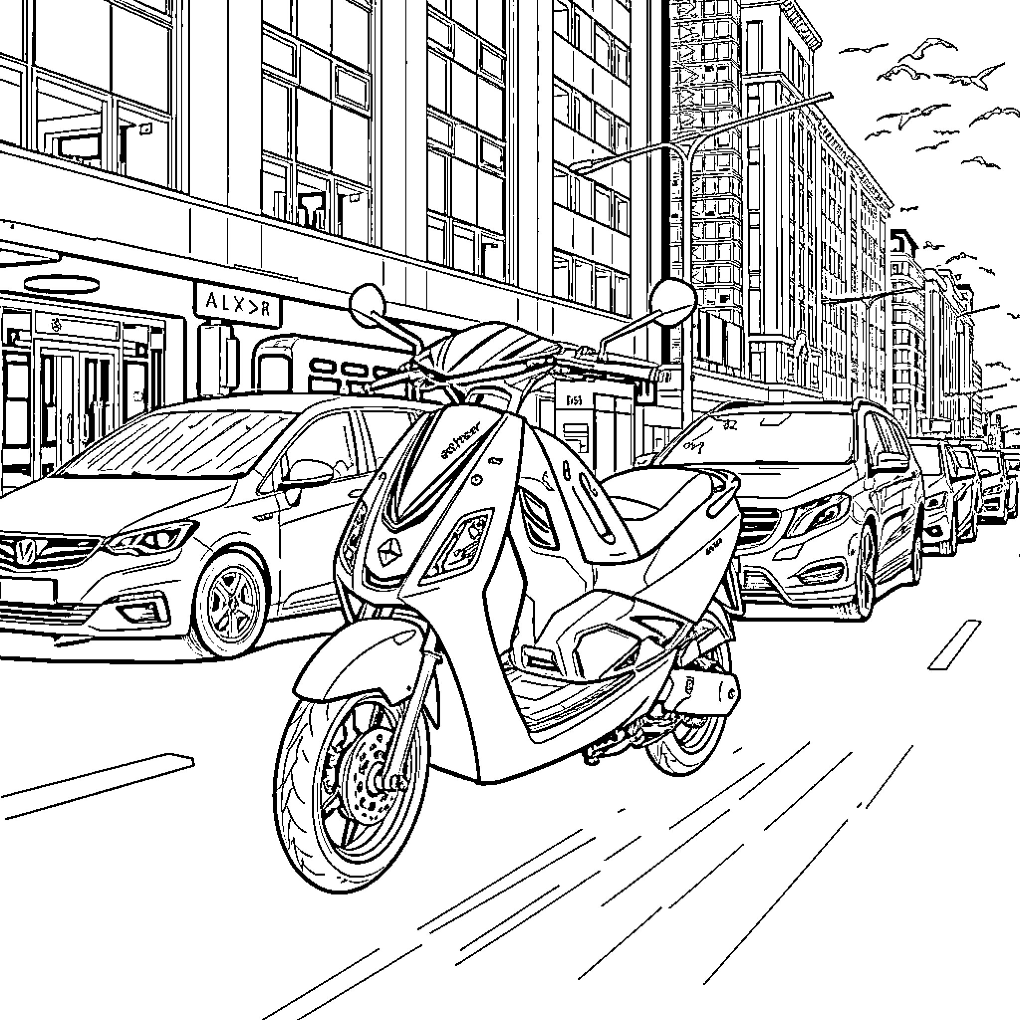 Ather vehicles racing through the city streets Coloring Page (free black-and-white line drawing printable PDF for all, from beginners to advanced learners, including children, teens, adults, and seniors)