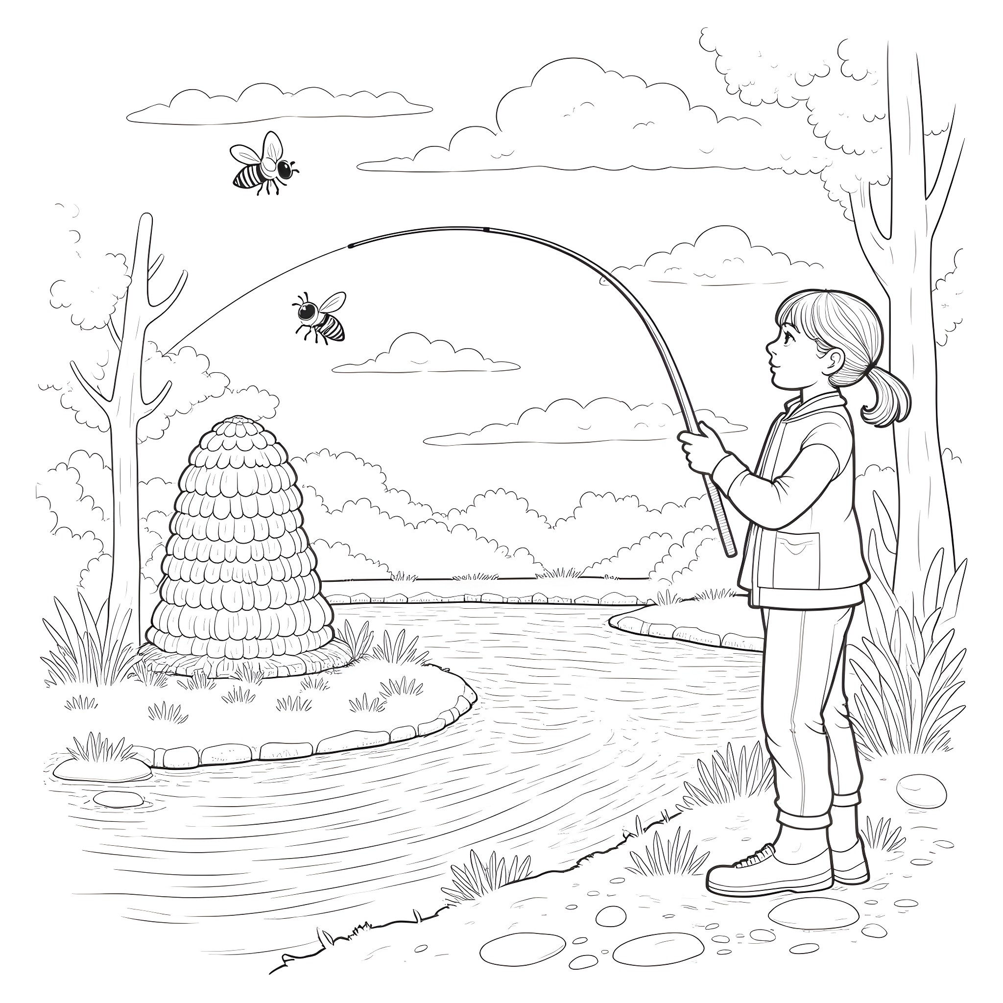 Girl catching bees near beehive in nature Coloring Page (free black-and-white line drawing printable PDF for all, from beginners to advanced learners, including children, teens, adults, and seniors)