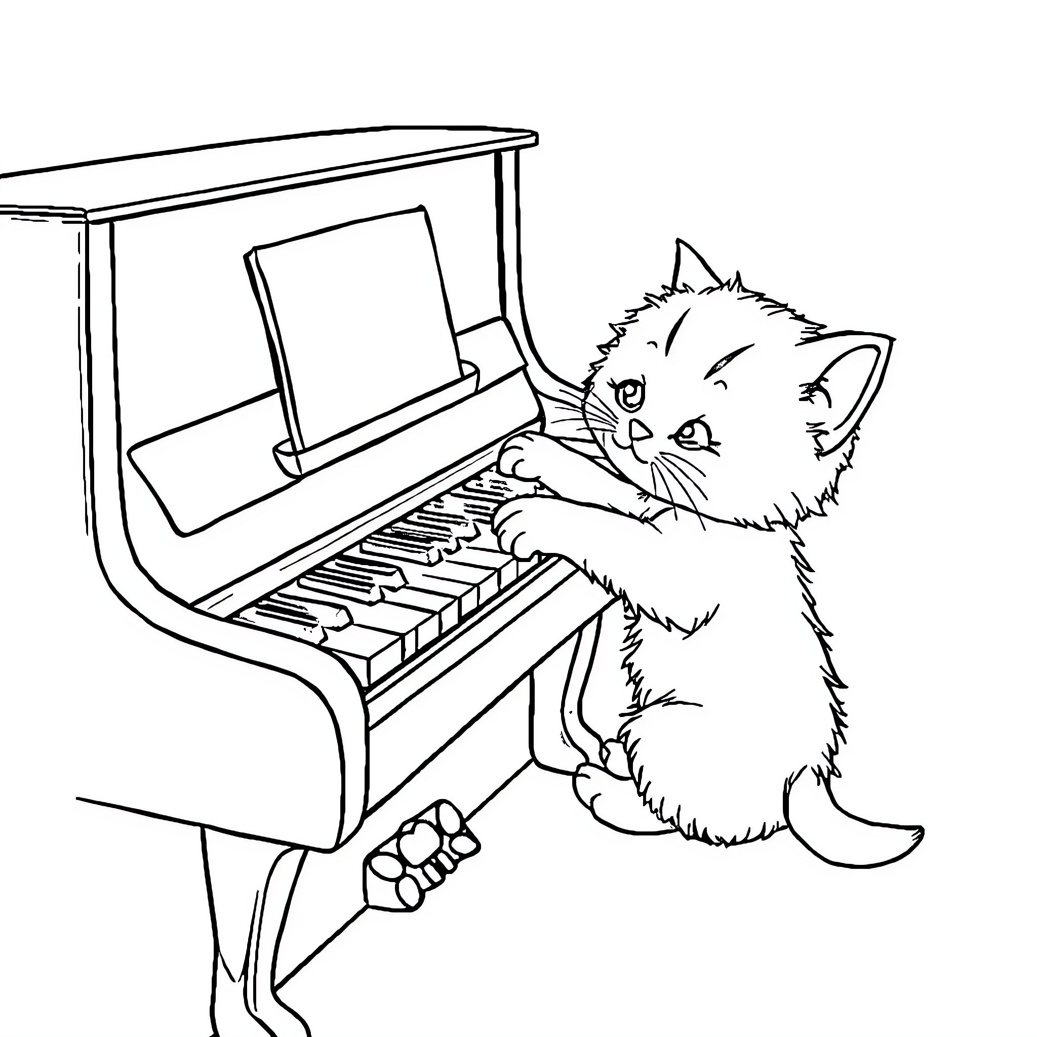 Cat playing on the piano Coloring Page (free black-and-white line drawing printable PDF for all, from beginners to advanced learners, including children, teens, adults, and seniors)