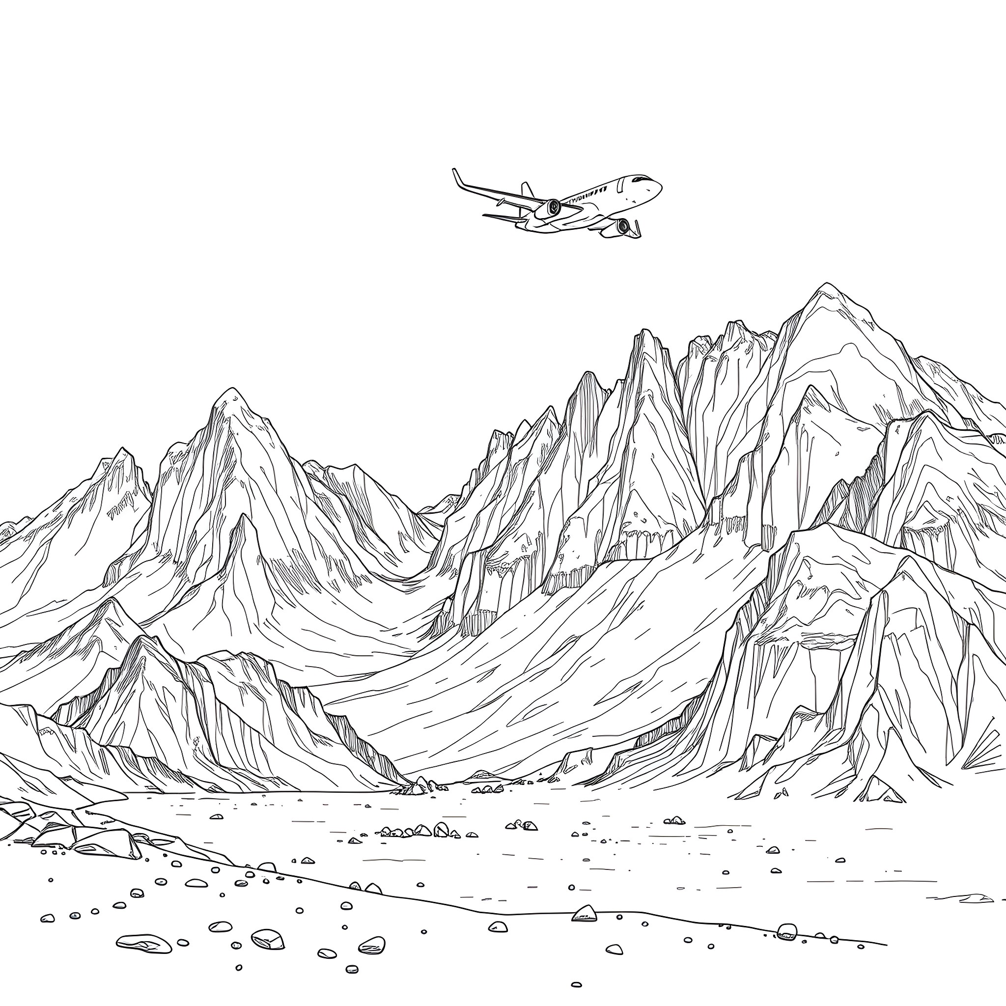 Aeroplane flying over snowy mountain landscape Coloring Page (free black-and-white line drawing printable PDF for all, from beginners to advanced learners, including children, teens, adults, and seniors)
