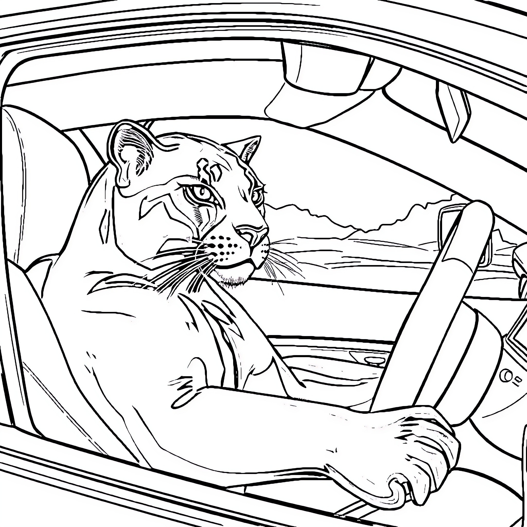 Panther driving through the wilderness Coloring Page (free black-and-white line drawing printable PDF for all, from beginners to advanced learners, including children, teens, adults, and seniors)