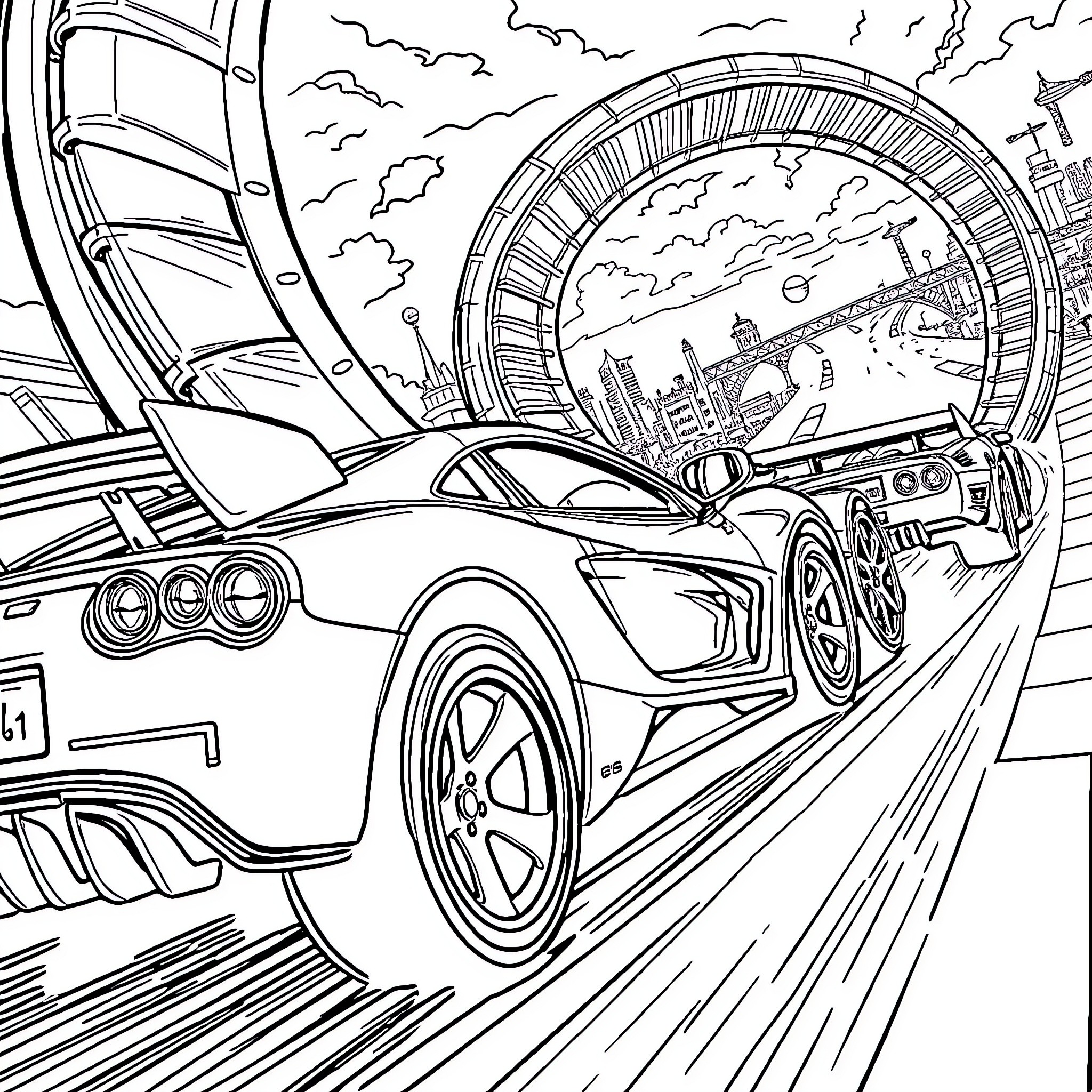 Hot Wheels racing through futuristic cityscape Coloring Page (free black-and-white line drawing printable PDF for all, from beginners to advanced learners, including children, teens, adults, and seniors)