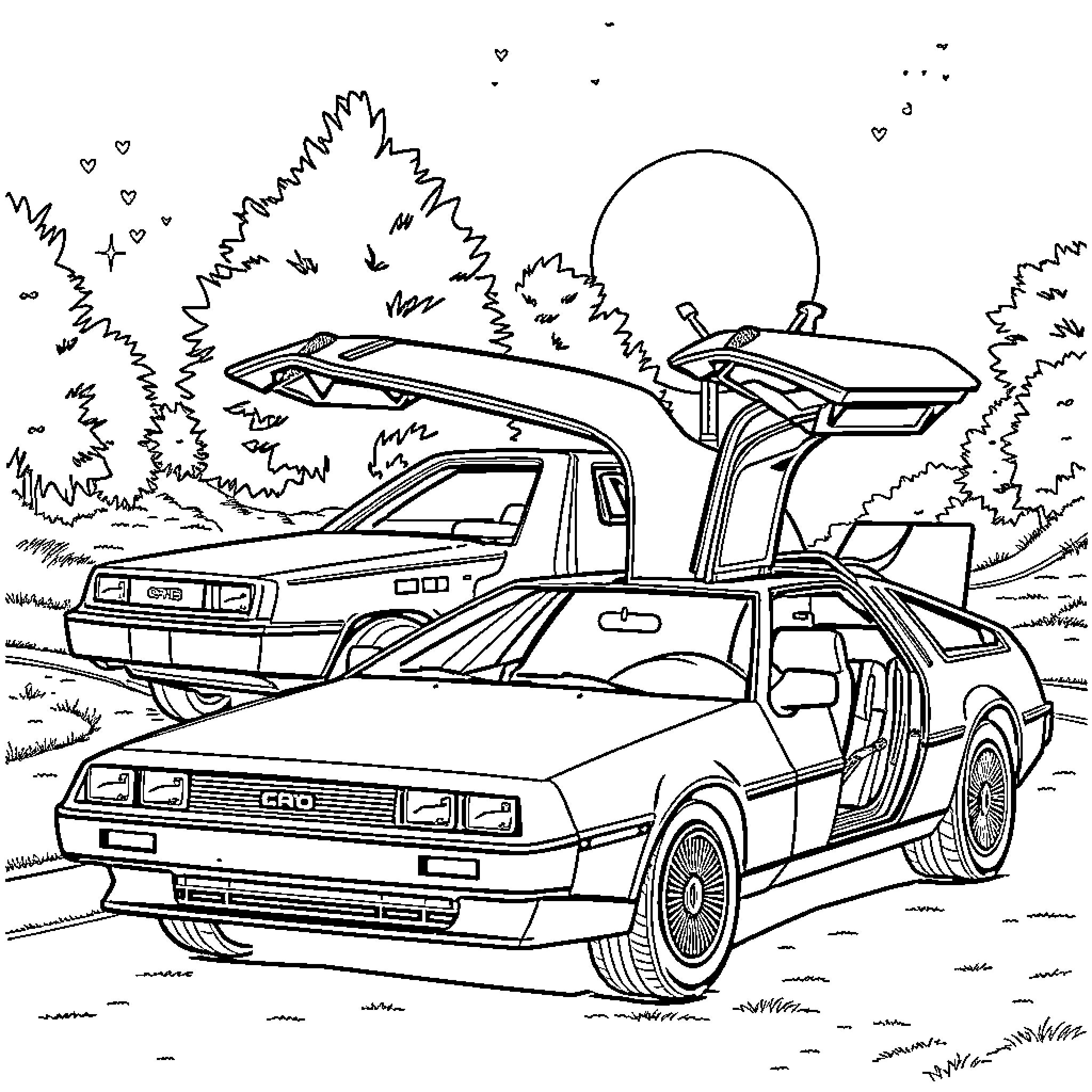 DeLorean parked with gull-wing doors open in nature Coloring Page (free black-and-white line drawing printable PDF for all, from beginners to advanced learners, including children, teens, adults, and seniors)