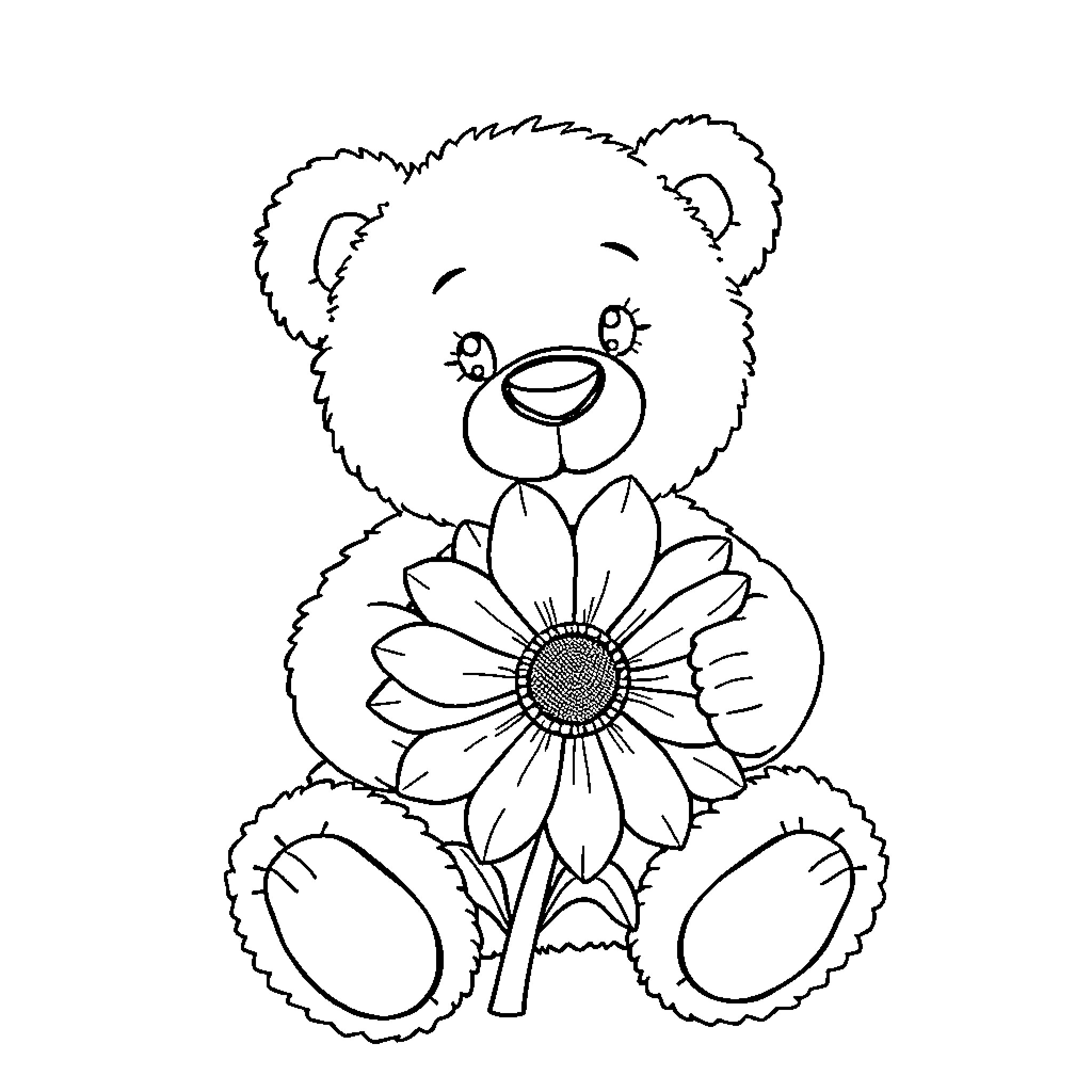 Teddy Bear Holding a Sunflower Coloring Page (free black-and-white line drawing printable PDF for all, from beginners to advanced learners, including children, teens, adults, and seniors)