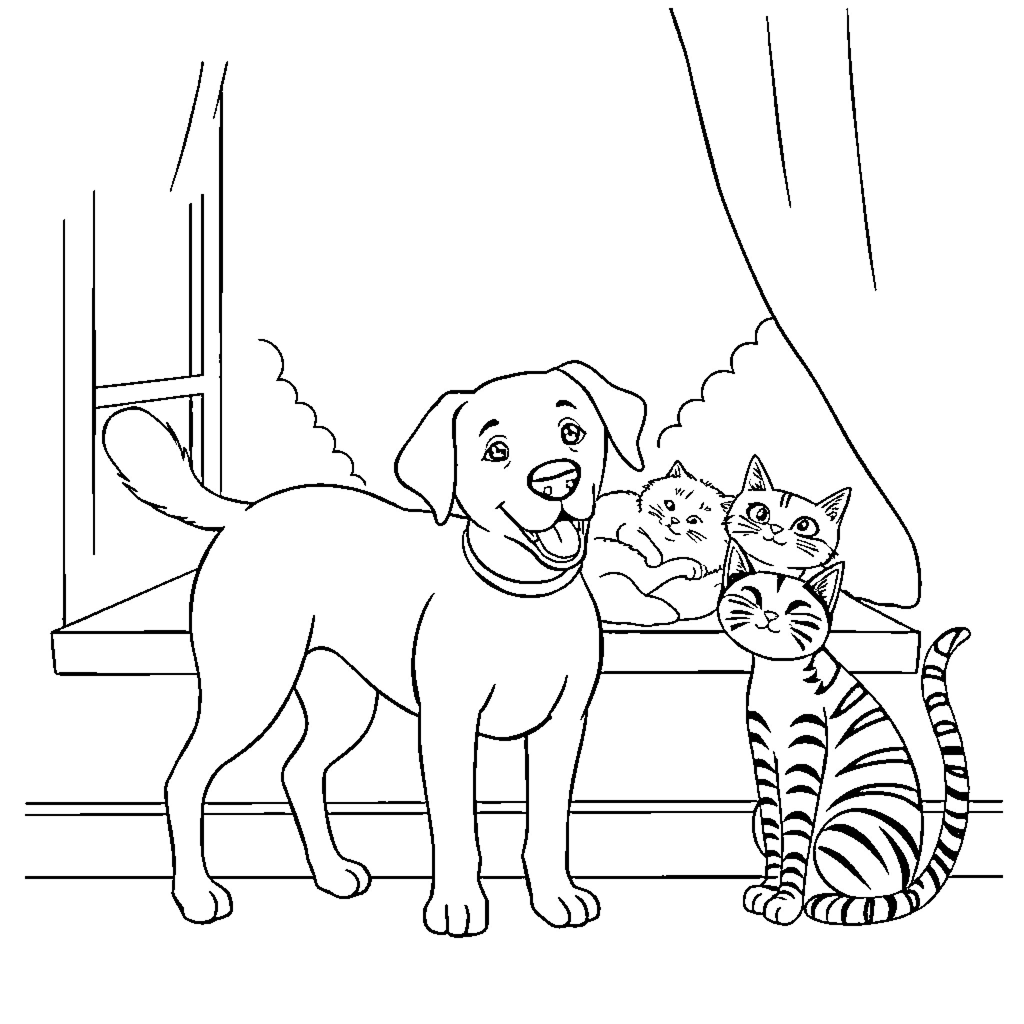 Dog and cats playing together indoors Coloring Page (free black-and-white line drawing printable PDF for all, from beginners to advanced learners, including children, teens, adults, and seniors)